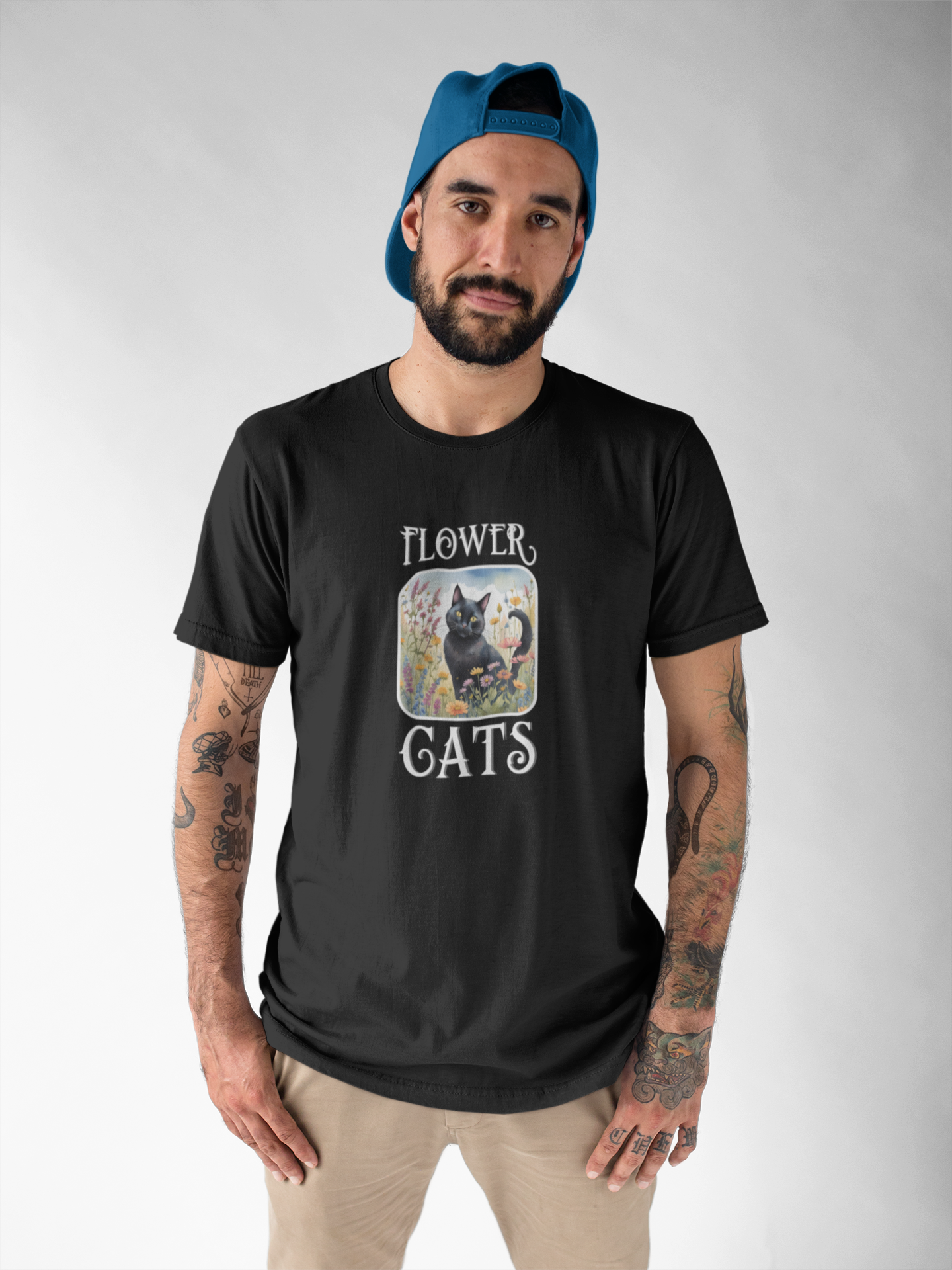 Flower Cats T-Shirt - (Flower Cat Tee #2, Black Cat Garden T-Shirt - Whimsical Floral Cat Tee for Cat Lovers)