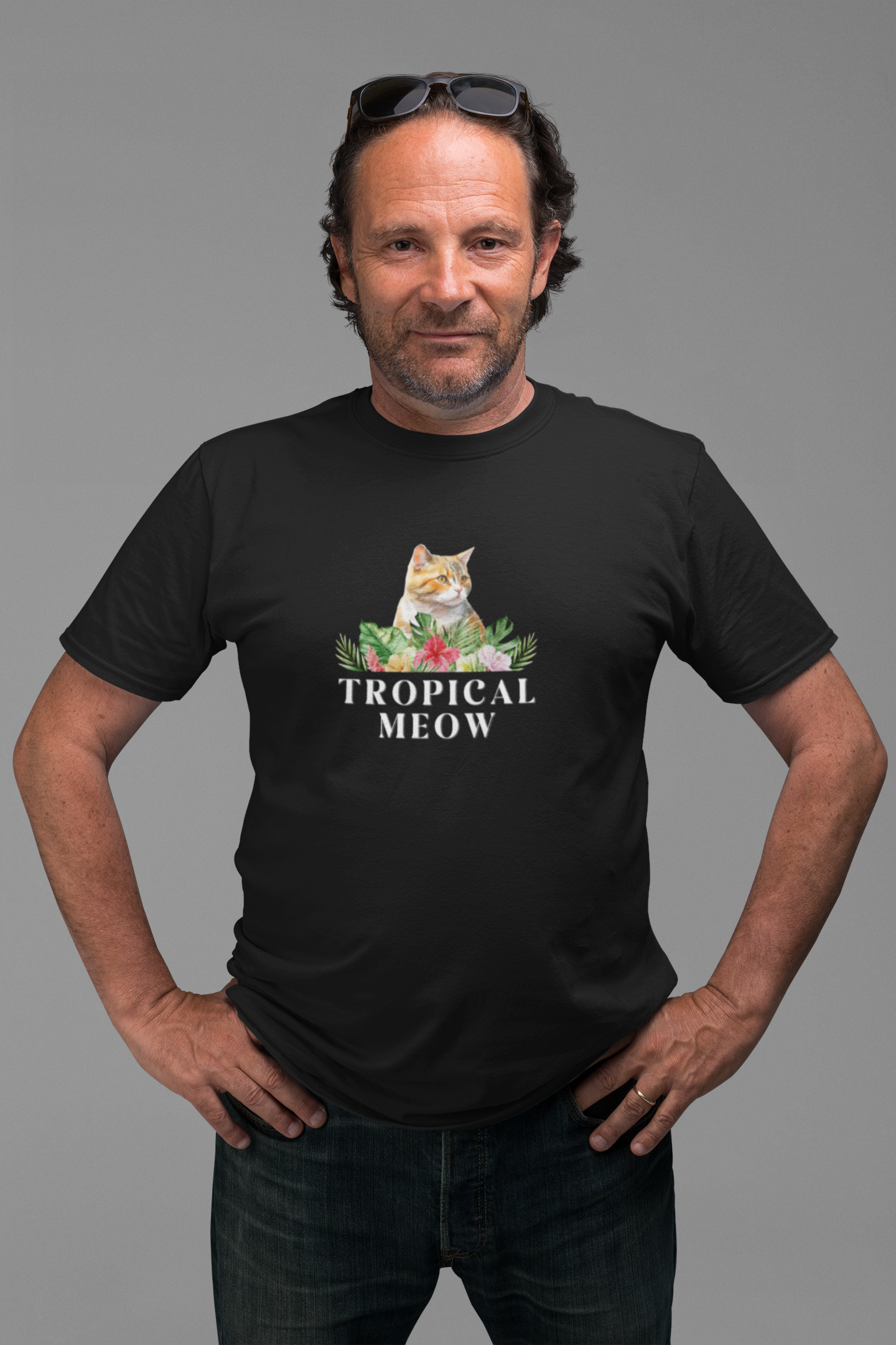 Tropical Meow Cat T-Shirt - (Cute Floral Cat Tee, Tropical Meow #2 No Background)