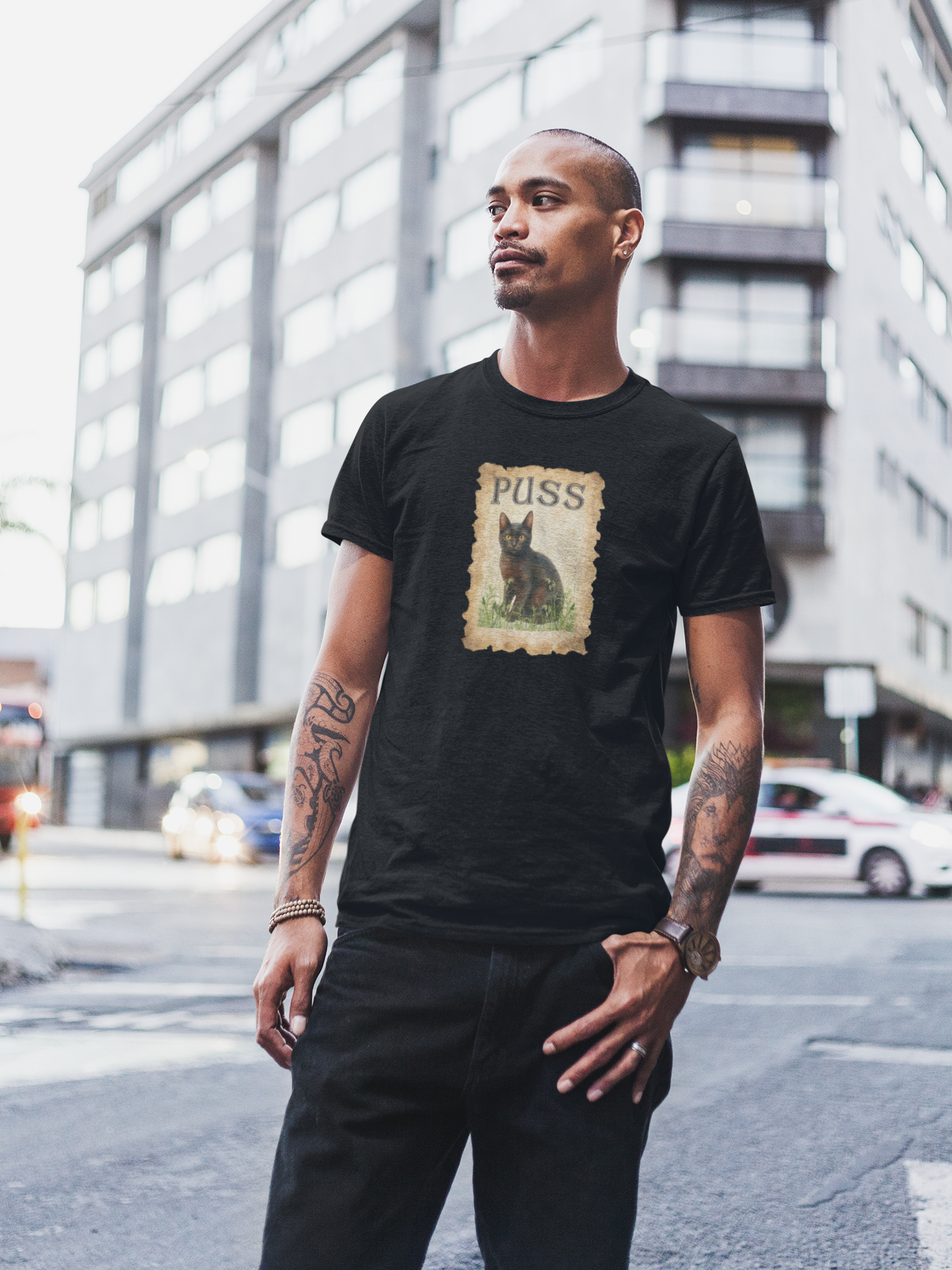 "Puss" Vintage Black Cat T-Shirt - (Pussycat Graphic Tee #2)