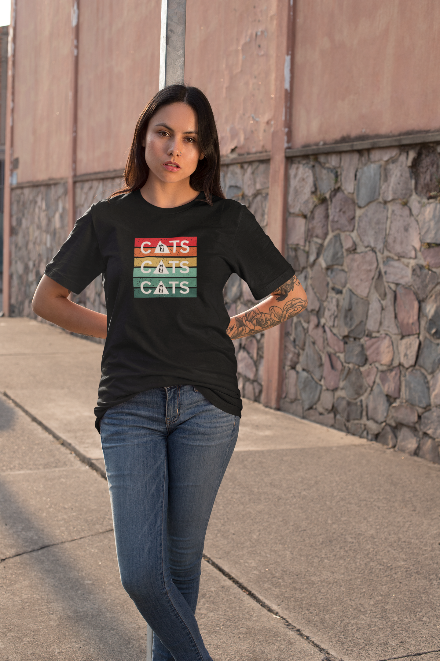 Vintage Sunset Cats T-Shirt - (Retro Cat Graphic Tee, "Triple Cat" Tee for Cat Lovers)