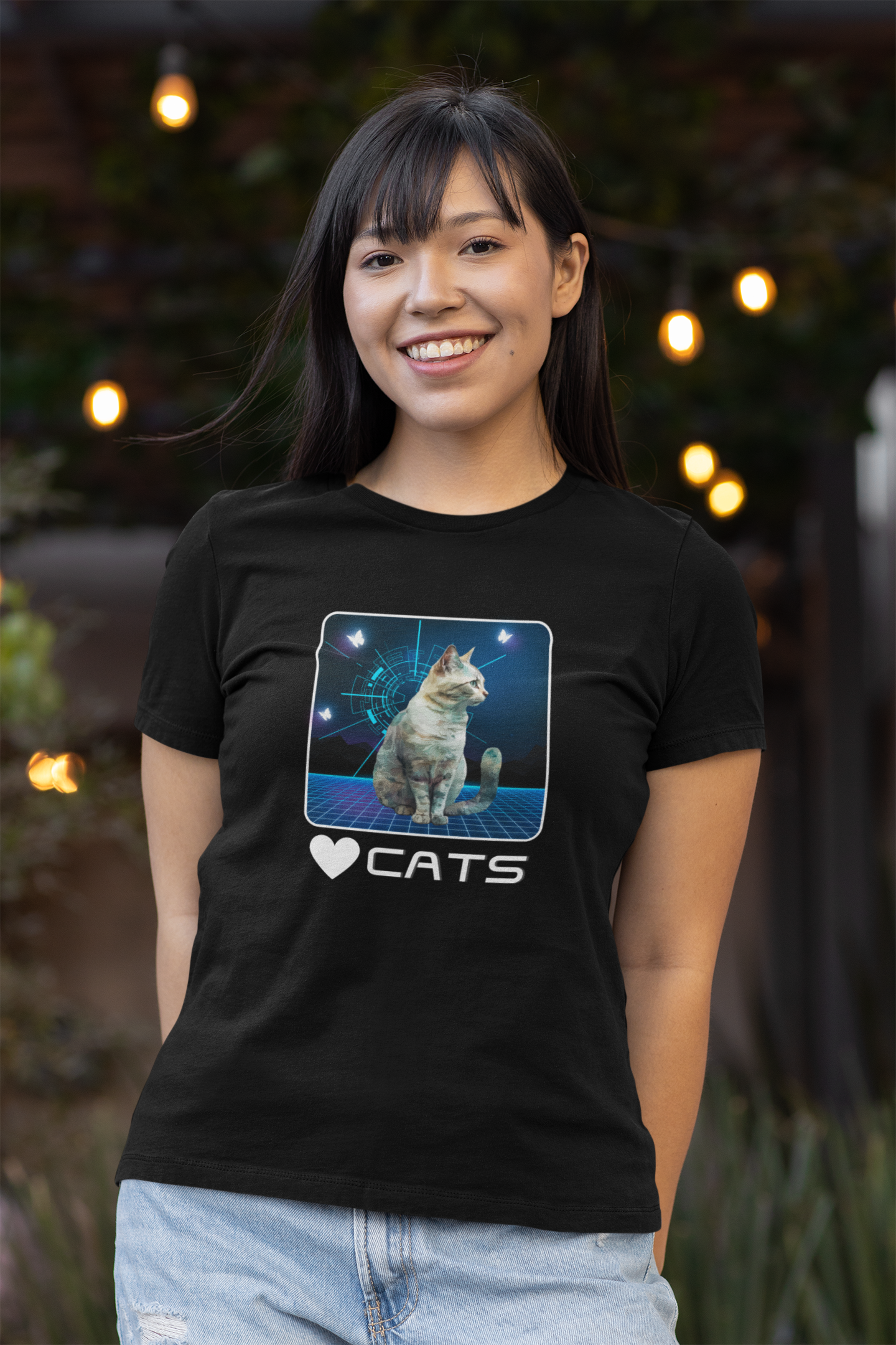 "Heart Cats" or "Love Cats" Retro T‑Shirt - (Futuristic Vintage Style Fun Cat Tee #1)