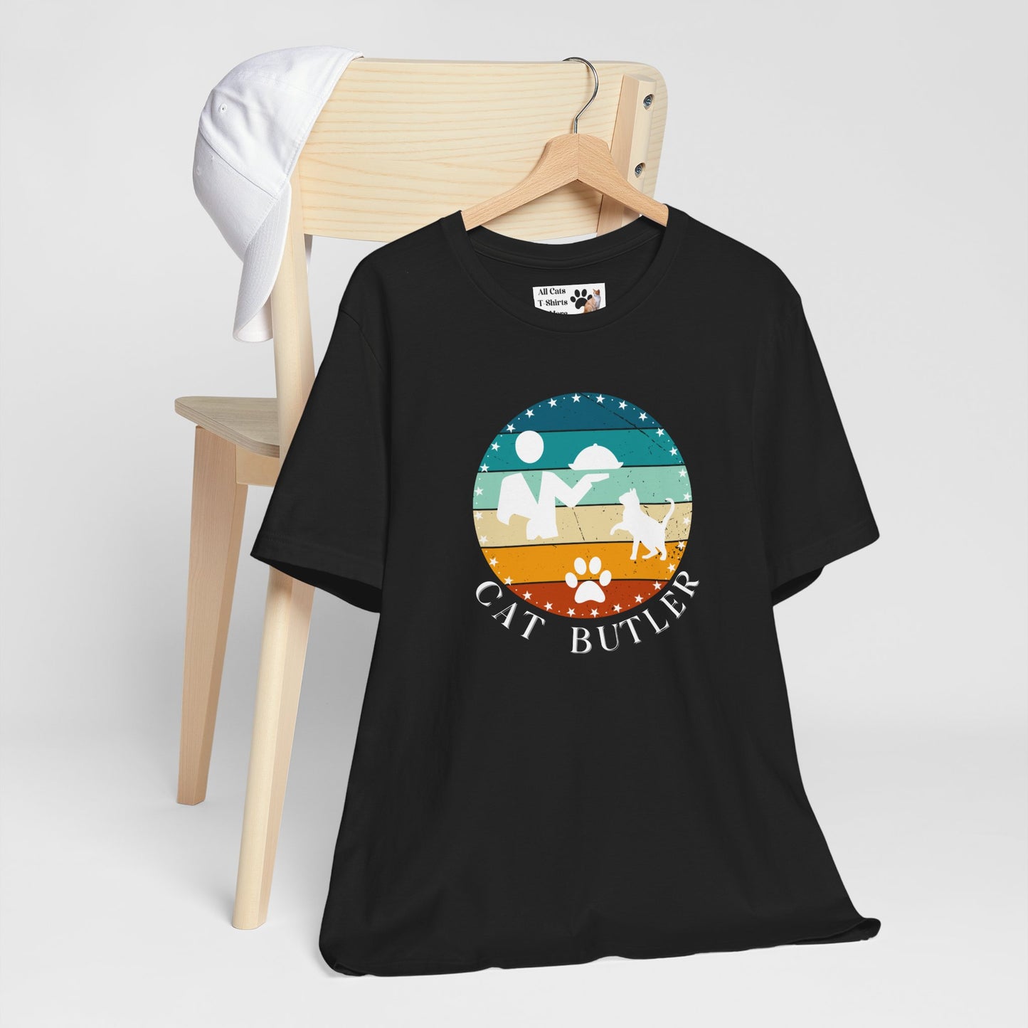"Cat Butler" T-Shirt - Vintage Sunset Style Graphic - (Unisex Jersey Short Sleeve Tee - Perfect Gift for Cat Lovers!)