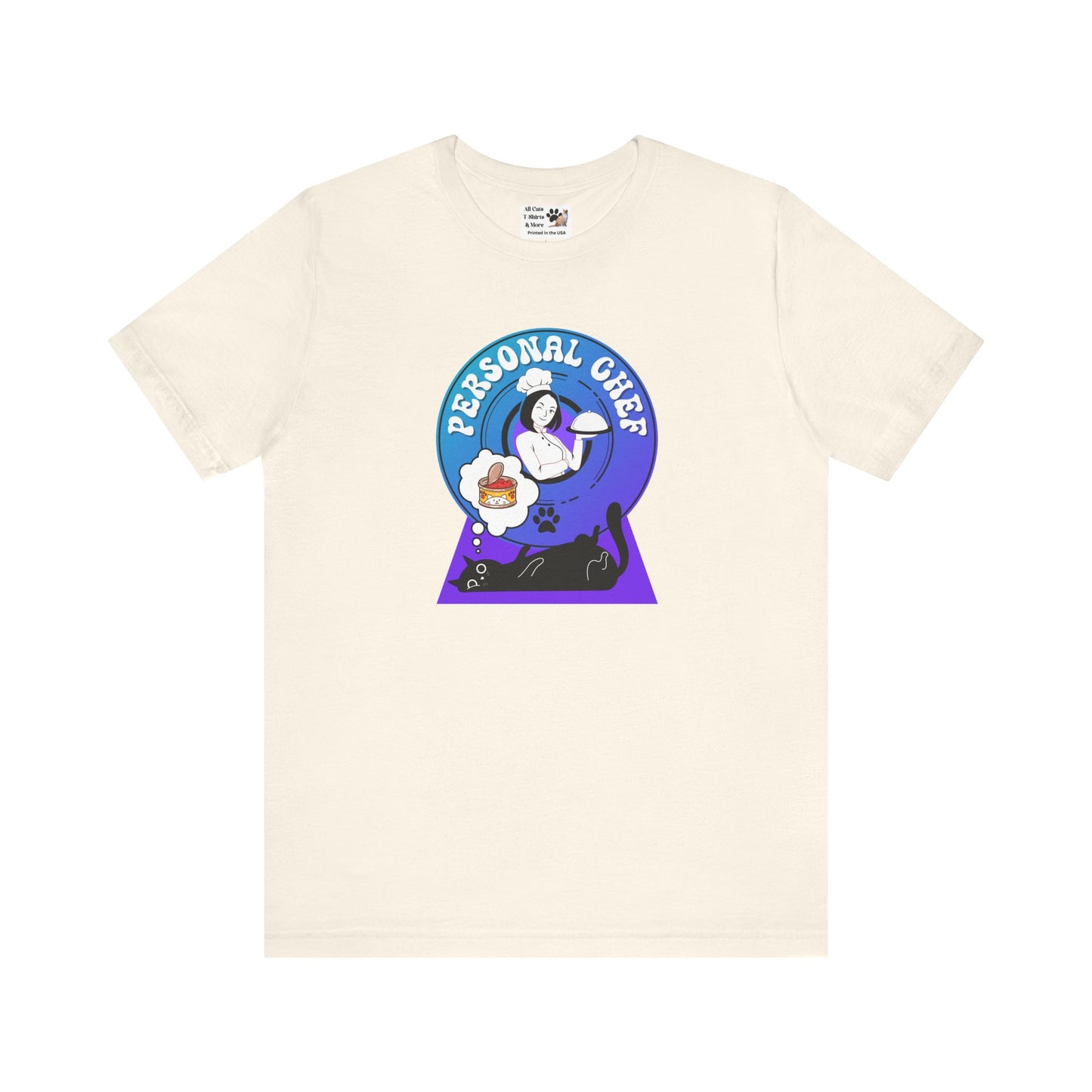 Personal Chef for Cats T-Shirt - (#7 - Black Cat & Chef Blue Purple Design - Unisex Jersey Tee – Perfect for Cat Care Givers!)