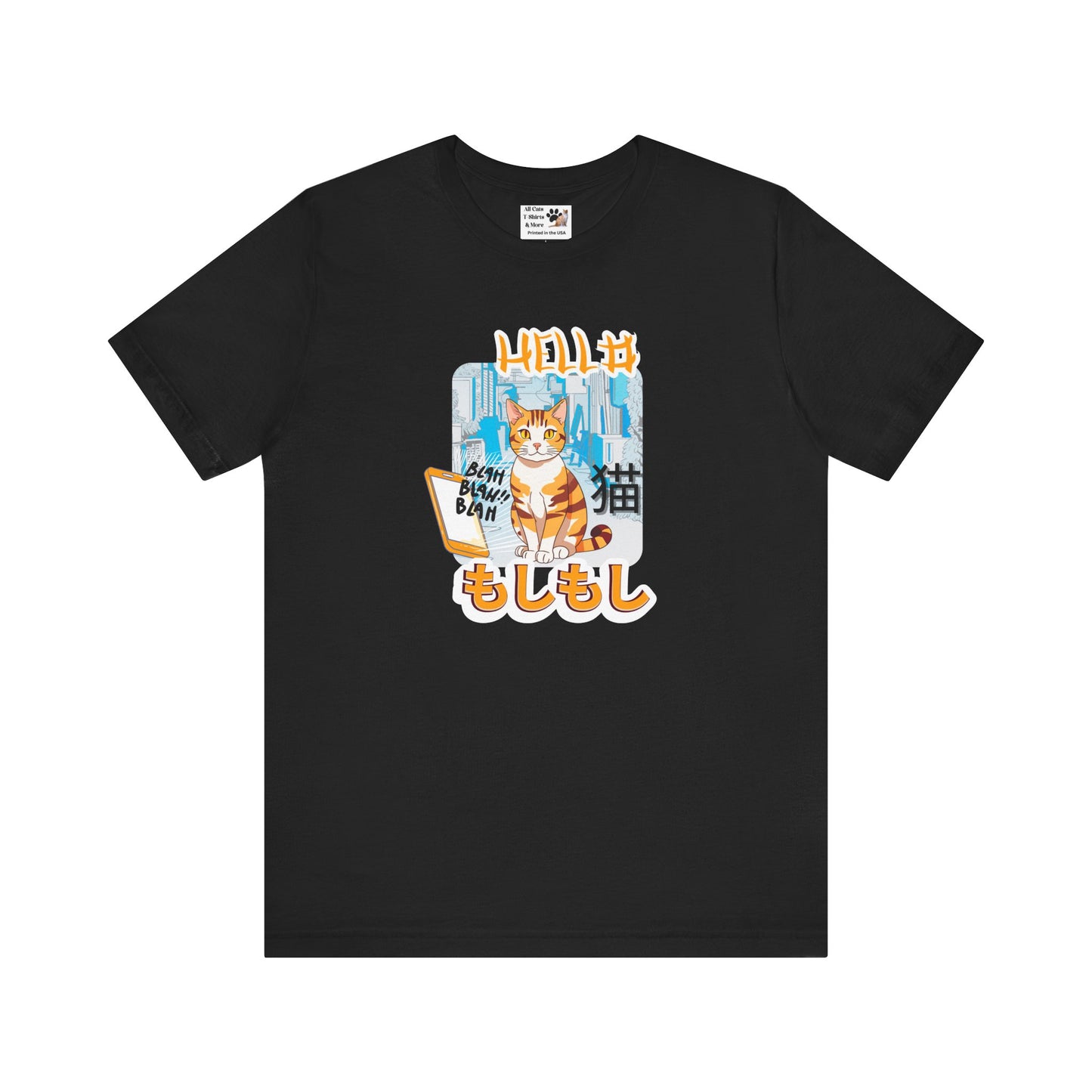 "Hello Mobile Phone Cat" - An Anime Style Graphic Tee - (Unisex Jersey Short Sleeve Tee for Cat Lovers)