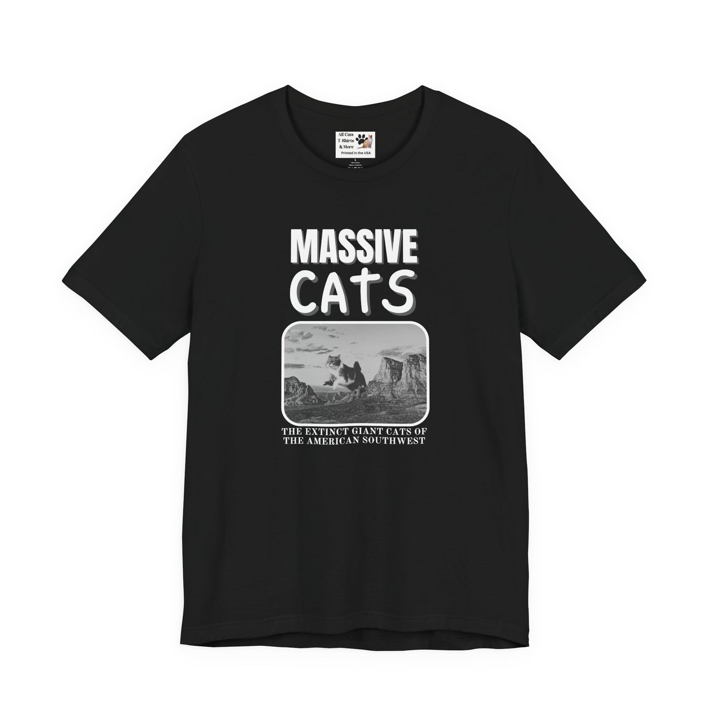 A Massive Cats T-Shirt - Huge Cat Jumping Over Hill - (Vintage Inspired, Funny Cat Unisex Jersey Tee - Perfect for Cat Fans!)