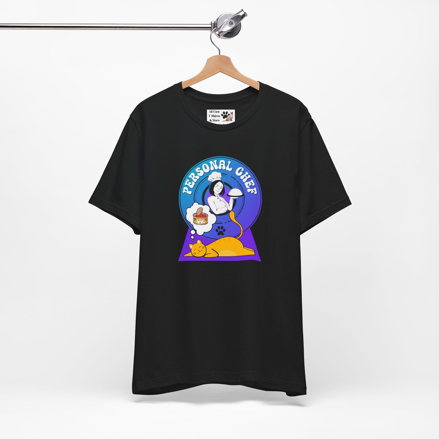 Personal Chef for Cats T-Shirt - (#6 - Orange Cat & Chef Blue Purple Design - Unisex Jersey Tee – Perfect for Cat Care Givers!)