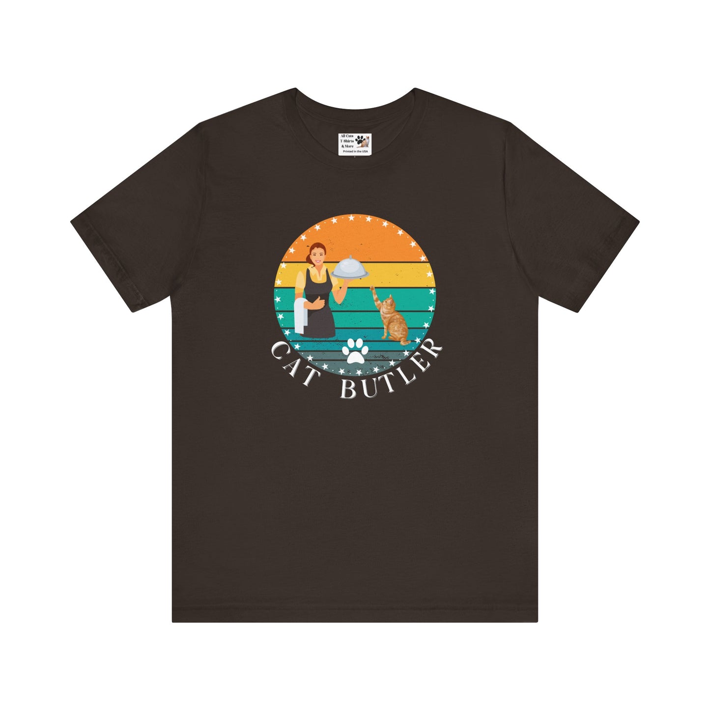 "Cat Butler" T-Shirt - With Vintage Sunset Graphic - (Unisex Jersey Short Sleeve Tee - Perfect Gift for Cat Lovers!)