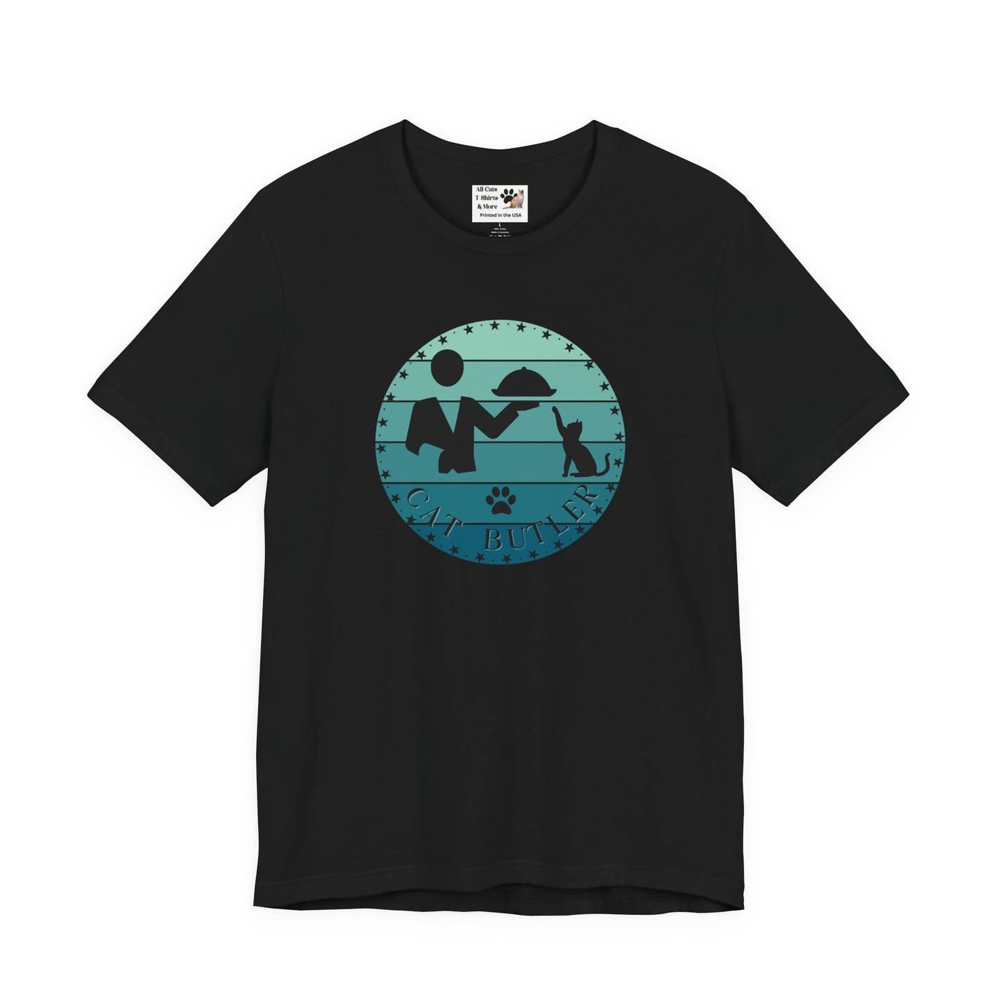 "Cat Butler" T-Shirt - Blue Vintage Sunset Style Graphic - (Unisex Jersey Short Sleeve Tee - Perfect Gift for Cat Lovers!)