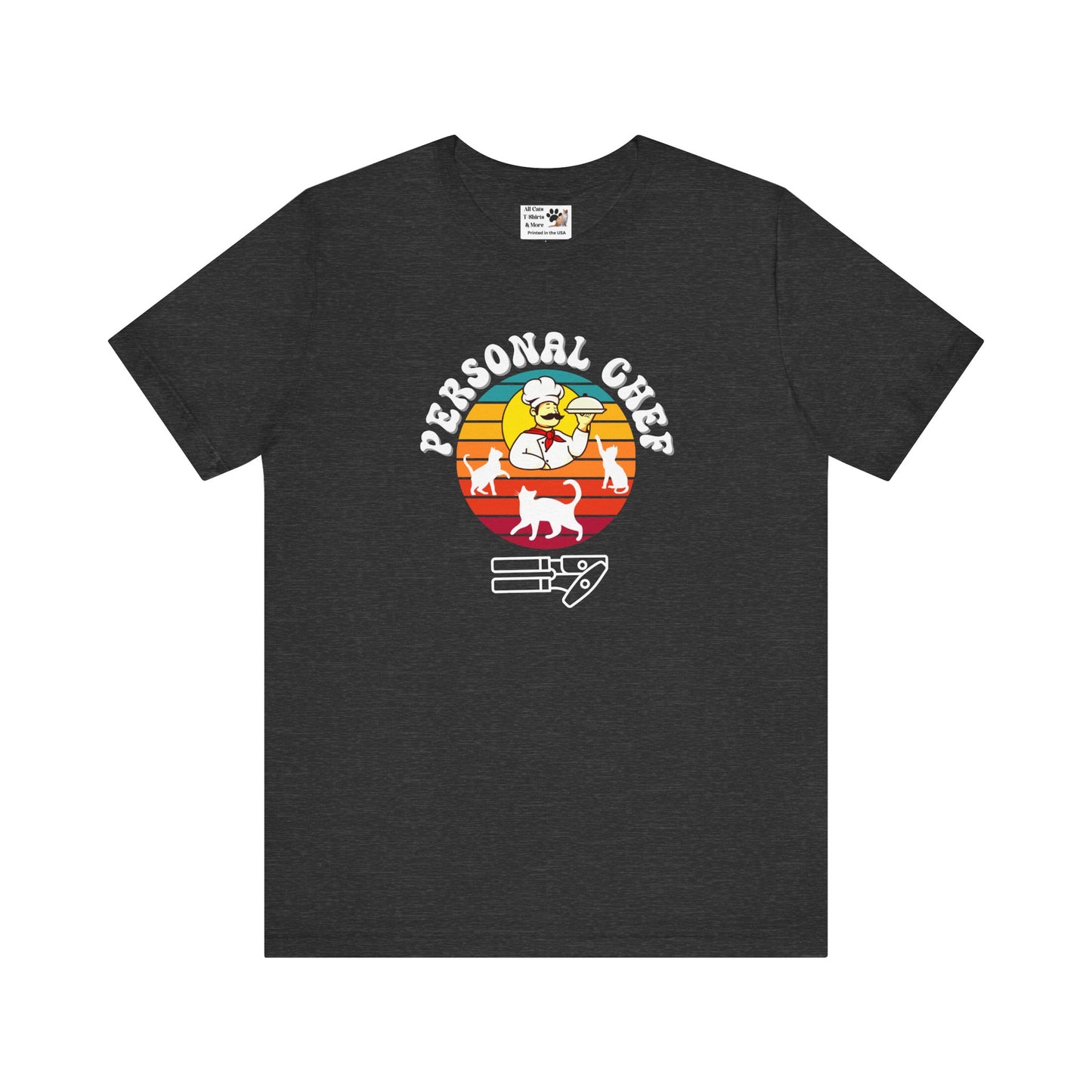 Vintage Sunset Personal Chef for Cats T-Shirt (#16 - Three Cats, Italian Chef & Can Opener - Unisex Jersey Tee – Funny Cat Tee)
