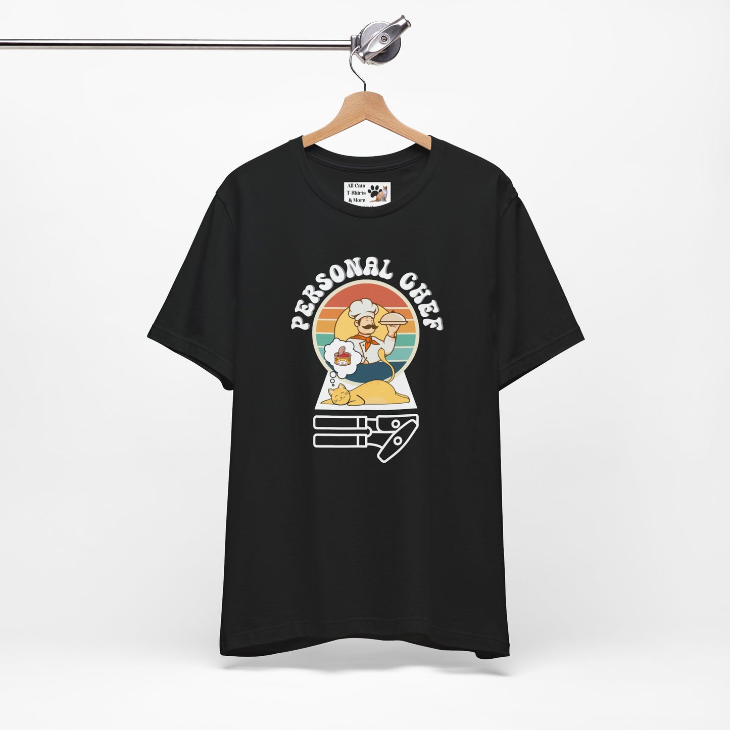 Vintage Style Personal Chef for Cats T-Shirt (#14 - Cat, Chef & Can Opener - Unisex Jersey Tee – Funny Cat Tee)