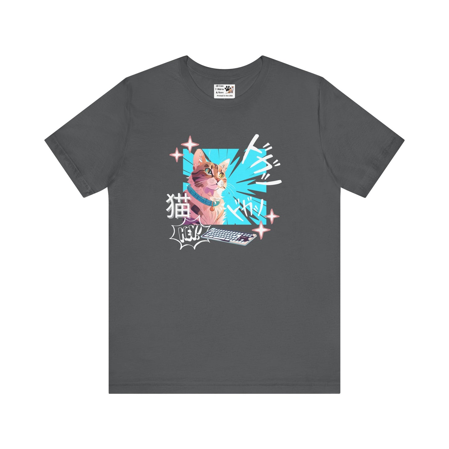 Cat & Keyboard "Kaboom" - Japanese Anime Style Graphic Tee - (Unisex Jersey Short Sleeve Tee for Cat Lovers)