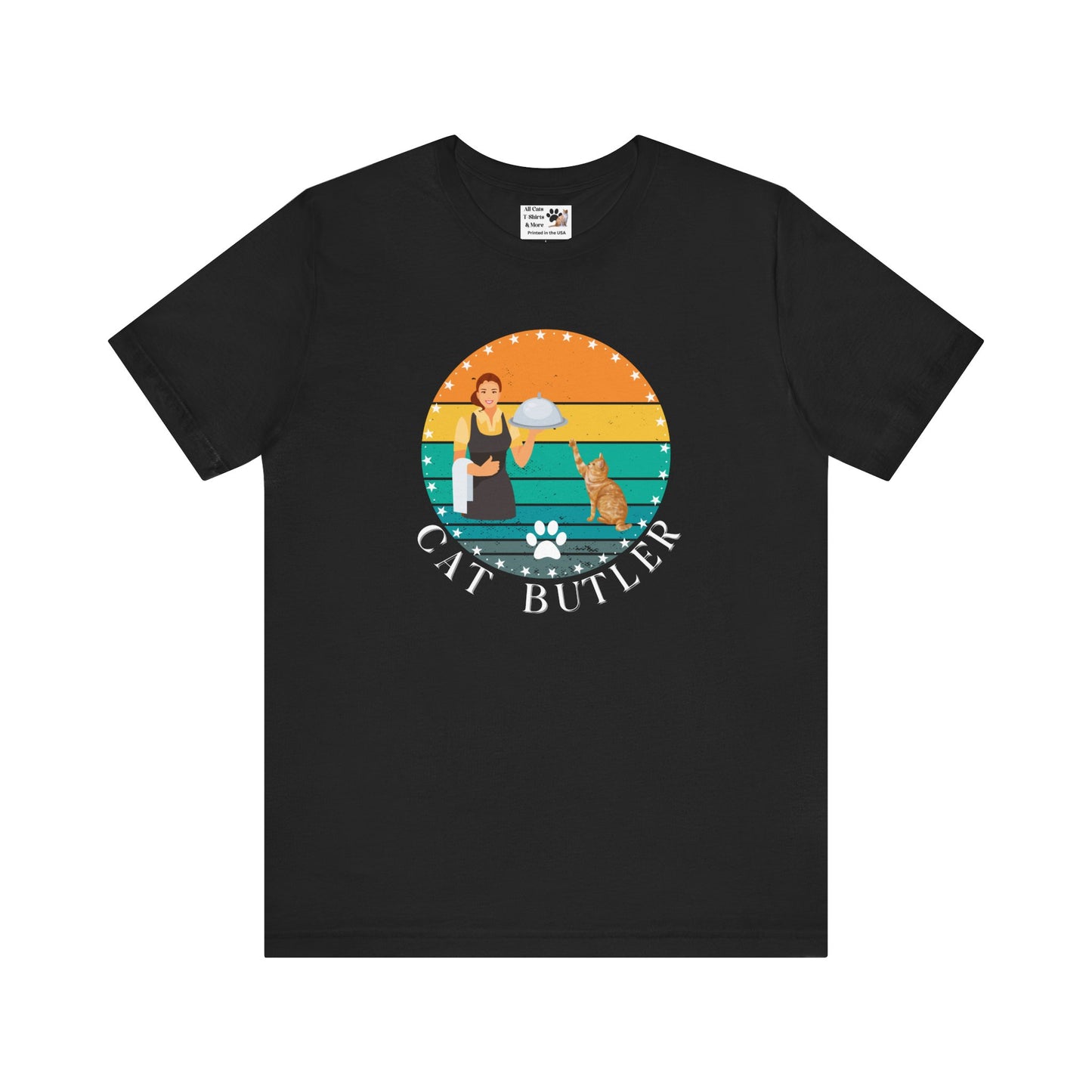"Cat Butler" T-Shirt - With Vintage Sunset Graphic - (Unisex Jersey Short Sleeve Tee - Perfect Gift for Cat Lovers!)