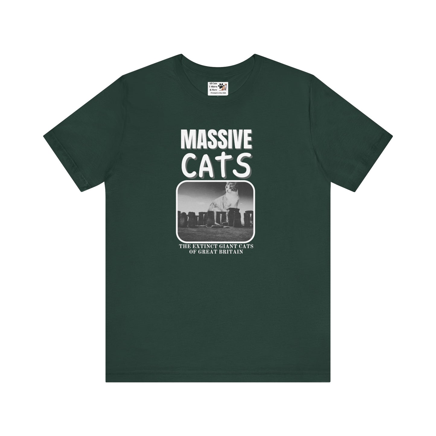 A Massive Cats T-Shirt - Huge Cat Sitting Behind Stone Henge - (Vintage Inspired, Funny Cat Unisex Jersey Tee - Perfect for Cat Fans!)