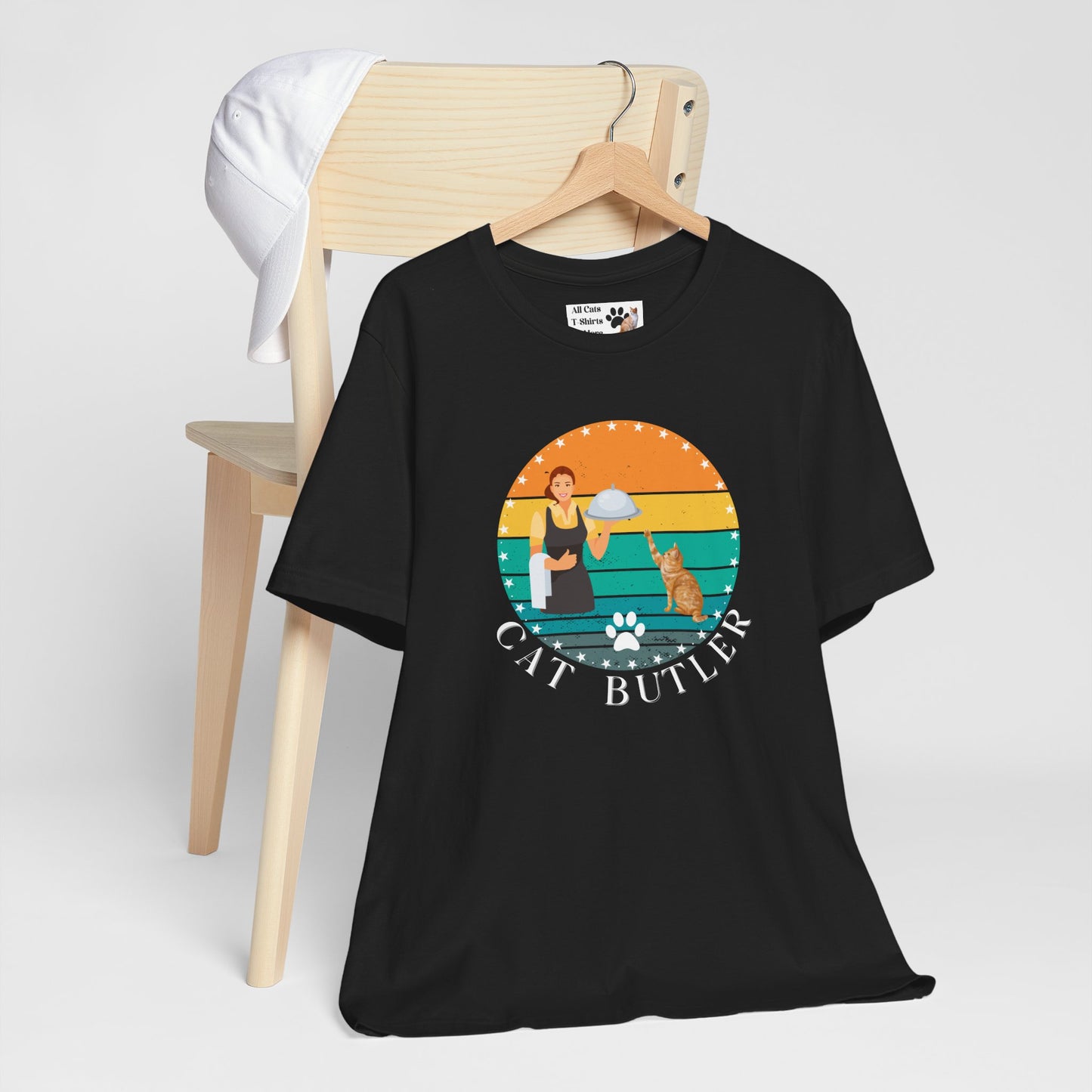 "Cat Butler" T-Shirt - With Vintage Sunset Graphic - (Unisex Jersey Short Sleeve Tee - Perfect Gift for Cat Lovers!)