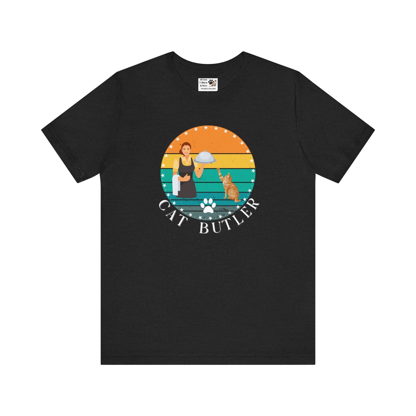 "Cat Butler" T-Shirt - With Vintage Sunset Graphic - (Unisex Jersey Short Sleeve Tee - Perfect Gift for Cat Lovers!)