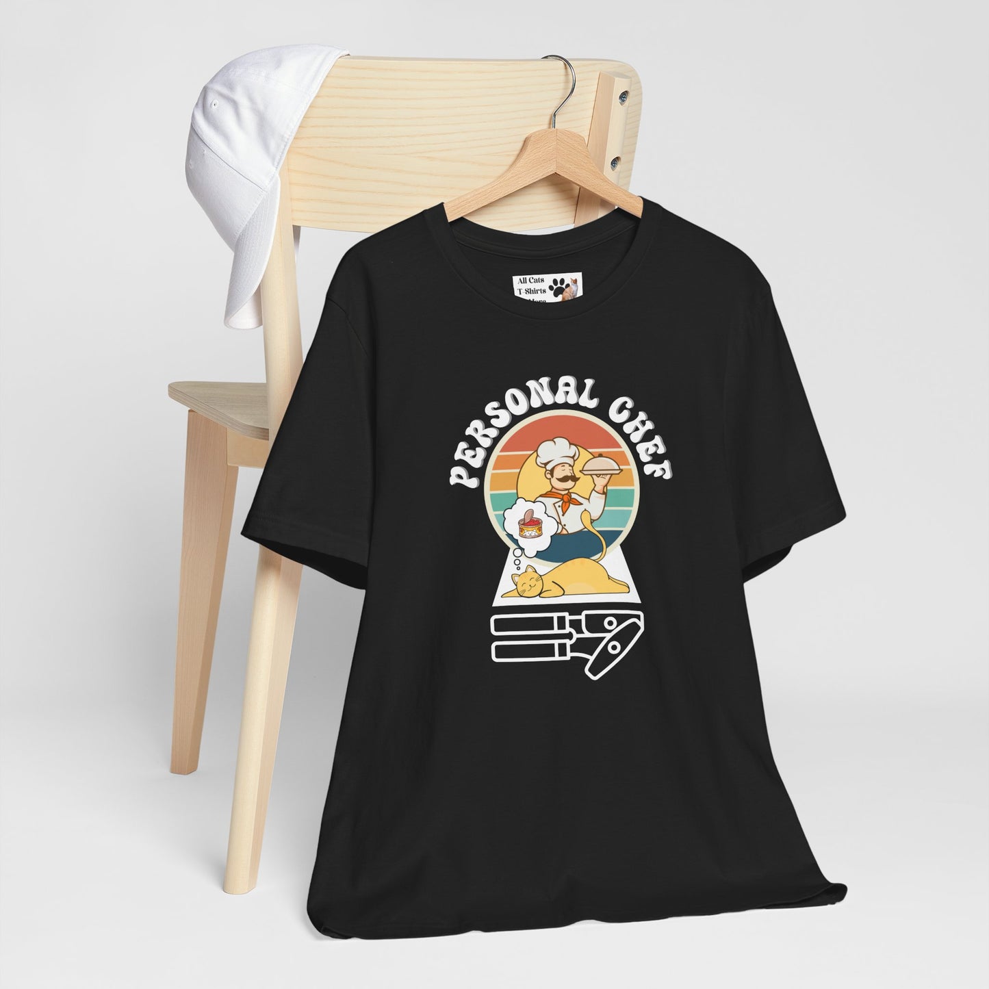 Vintage Style Personal Chef for Cats T-Shirt (#14 - Cat, Chef & Can Opener - Unisex Jersey Tee – Funny Cat Tee)