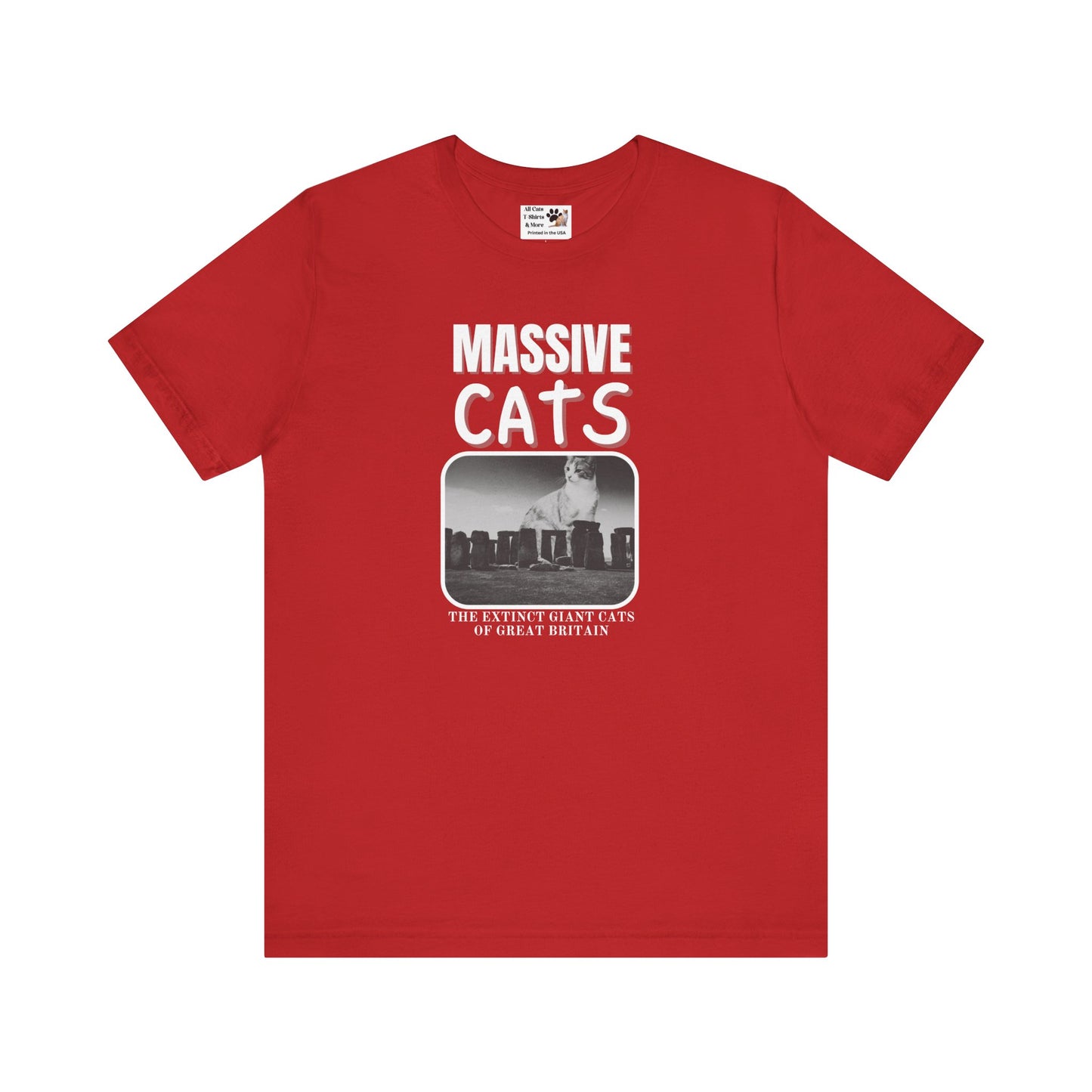 A Massive Cats T-Shirt - Huge Cat Sitting Behind Stone Henge - (Vintage Inspired, Funny Cat Unisex Jersey Tee - Perfect for Cat Fans!)