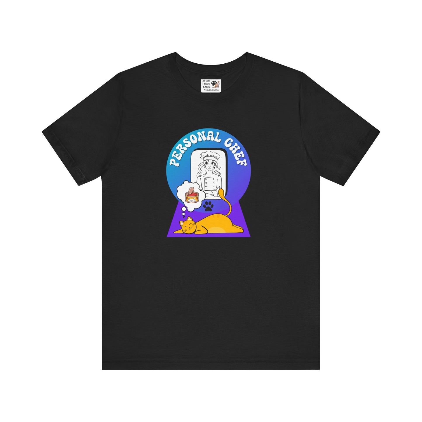 Personal Chef for Cats T-Shirt - (#12 - Orange Cat & Chef Blue Purple Design - Unisex Jersey Tee – Perfect for Cat Care Givers!)
