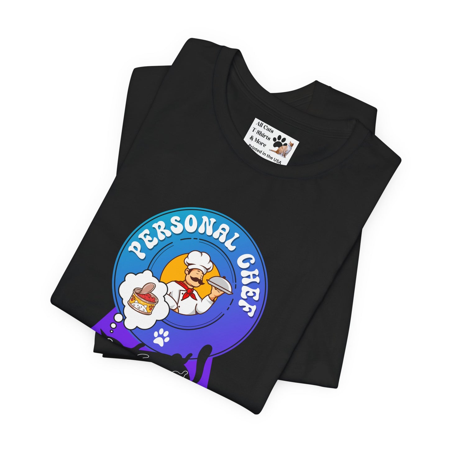 Personal Chef for Cats T-Shirt (#2 - Black Cat & Italian Chef, Blue Purple Design - Unisex Jersey Tee ā Perfect Cat Care Givers!)