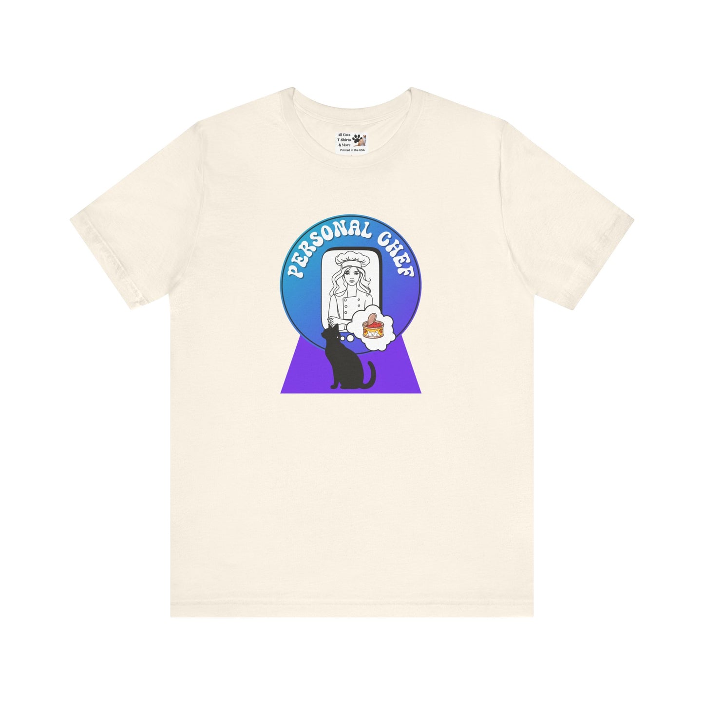 Personal Chef for Cats T-Shirt - (#11 - Black Cat Silhouette & Chef Blue Purple Design - Unisex Jersey Tee – Perfect for Cat Care Givers!)
