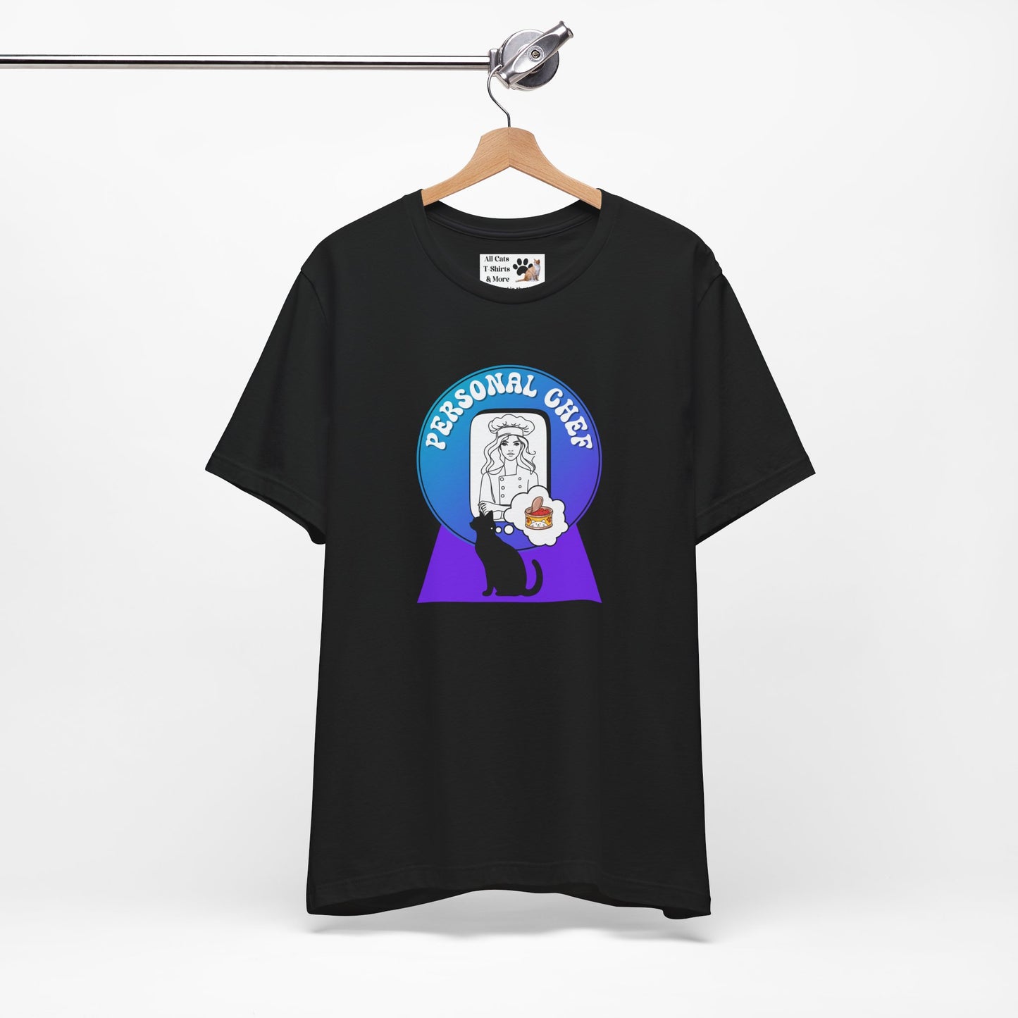 Personal Chef for Cats T-Shirt - (#11 - Black Cat Silhouette & Chef Blue Purple Design - Unisex Jersey Tee – Perfect for Cat Care Givers!)