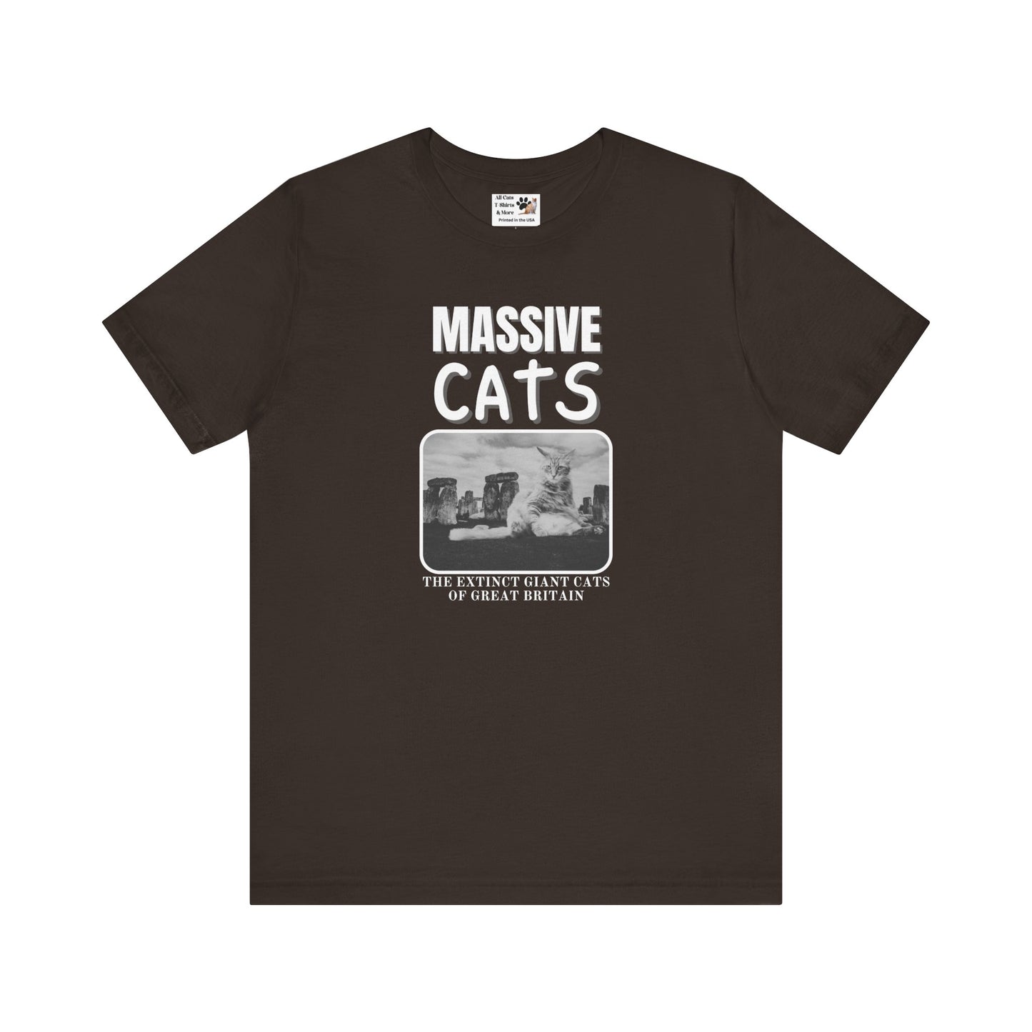 A Massive Cats T-Shirt - Huge Cat Sitting In Front of Stone Henge - (Vintage Inspired, Funny Cat Unisex Jersey Tee - Perfect for Cat Fans!)