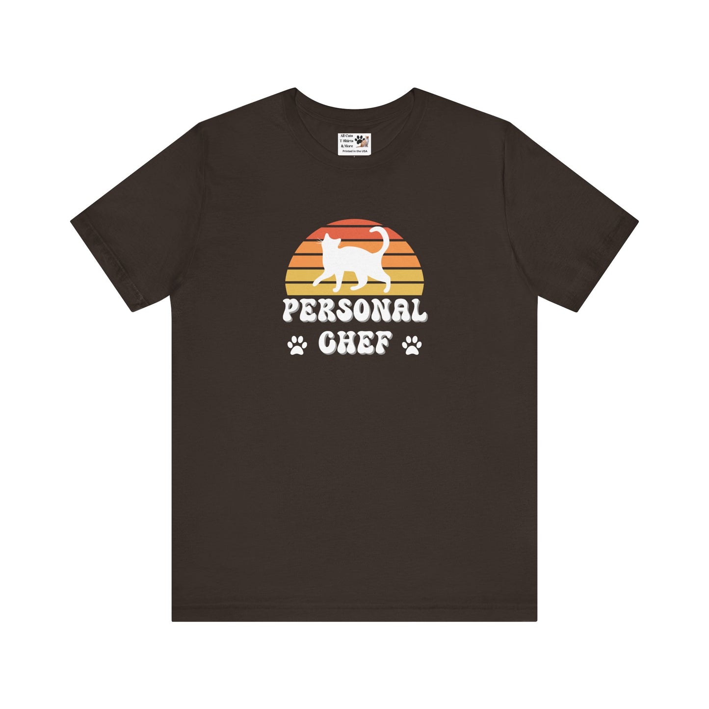 Vintage Sunset Personal Chef for Cats T-Shirt (#18 - White Cat Silhouette & Paw Prints - Unisex Jersey Tee – Funny Cat Tee)