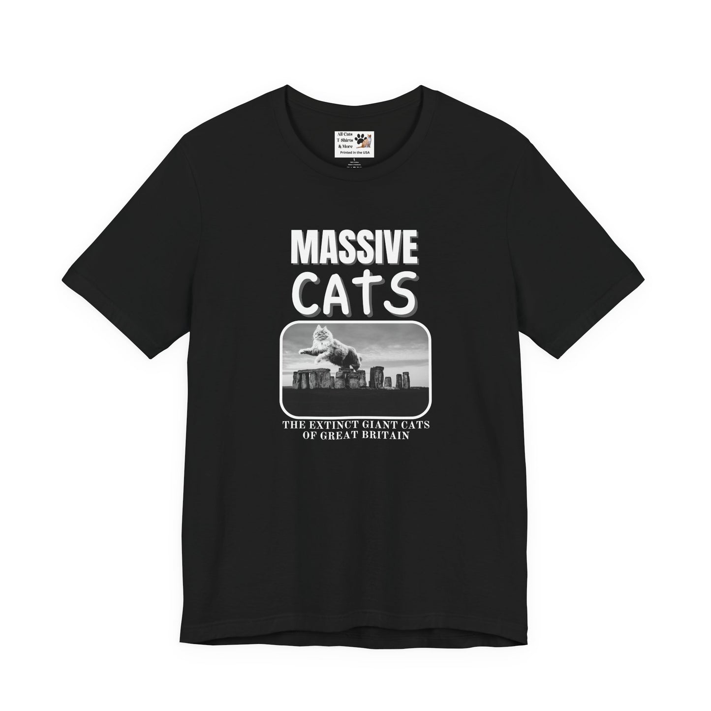A Massive Cats T-Shirt - Huge Cat Jumping Over Stone Henge - (Funny Cat Unisex Jersey Tee - Perfect for Cat Fans!)