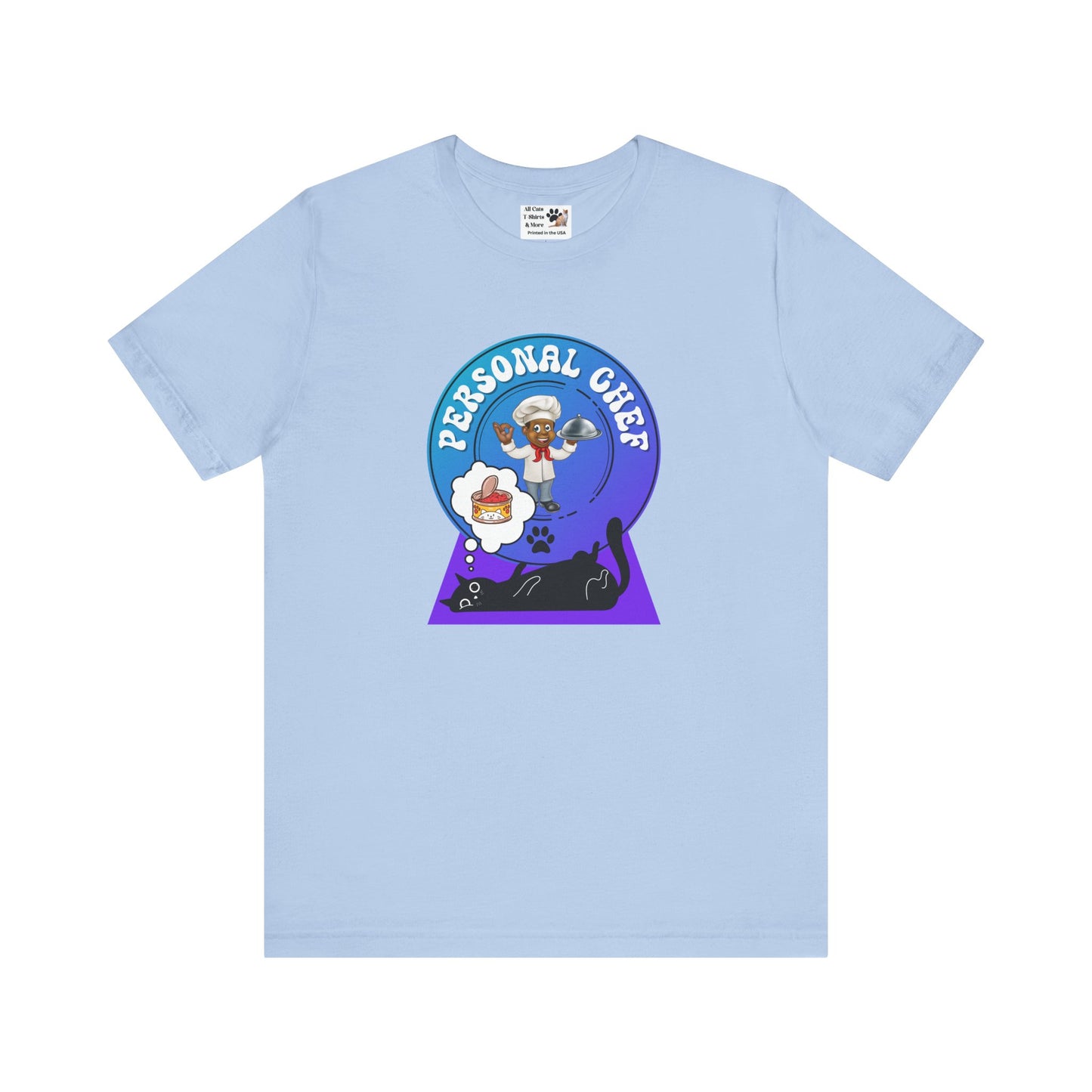 Personal Chef for Cats T-Shirt (#5 - Black Cat & Chef Blue Purple Design - Unisex Jersey Tee – Perfect Cat Care Givers!)