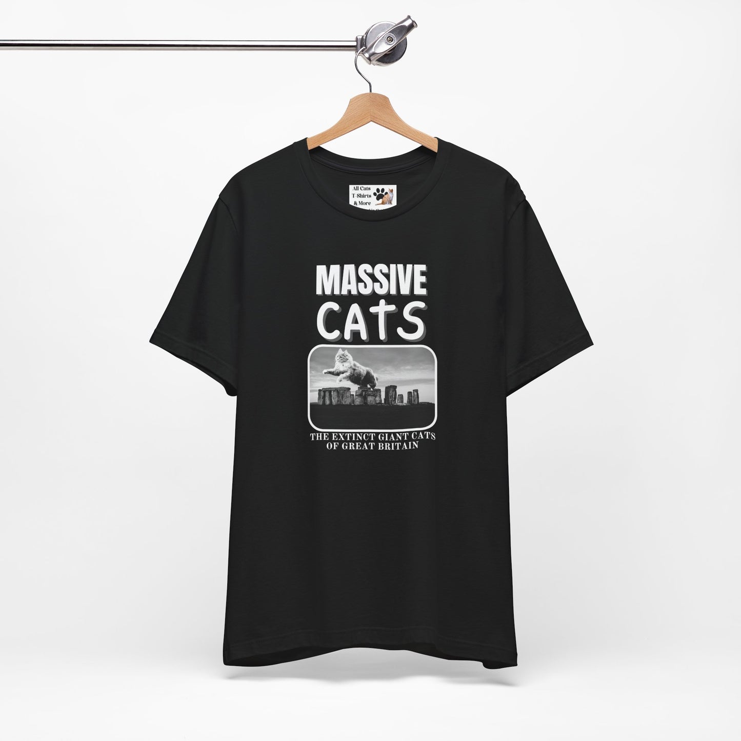 A Massive Cats T-Shirt - Huge Cat Jumping Over Stone Henge - (Funny Cat Unisex Jersey Tee - Perfect for Cat Fans!)