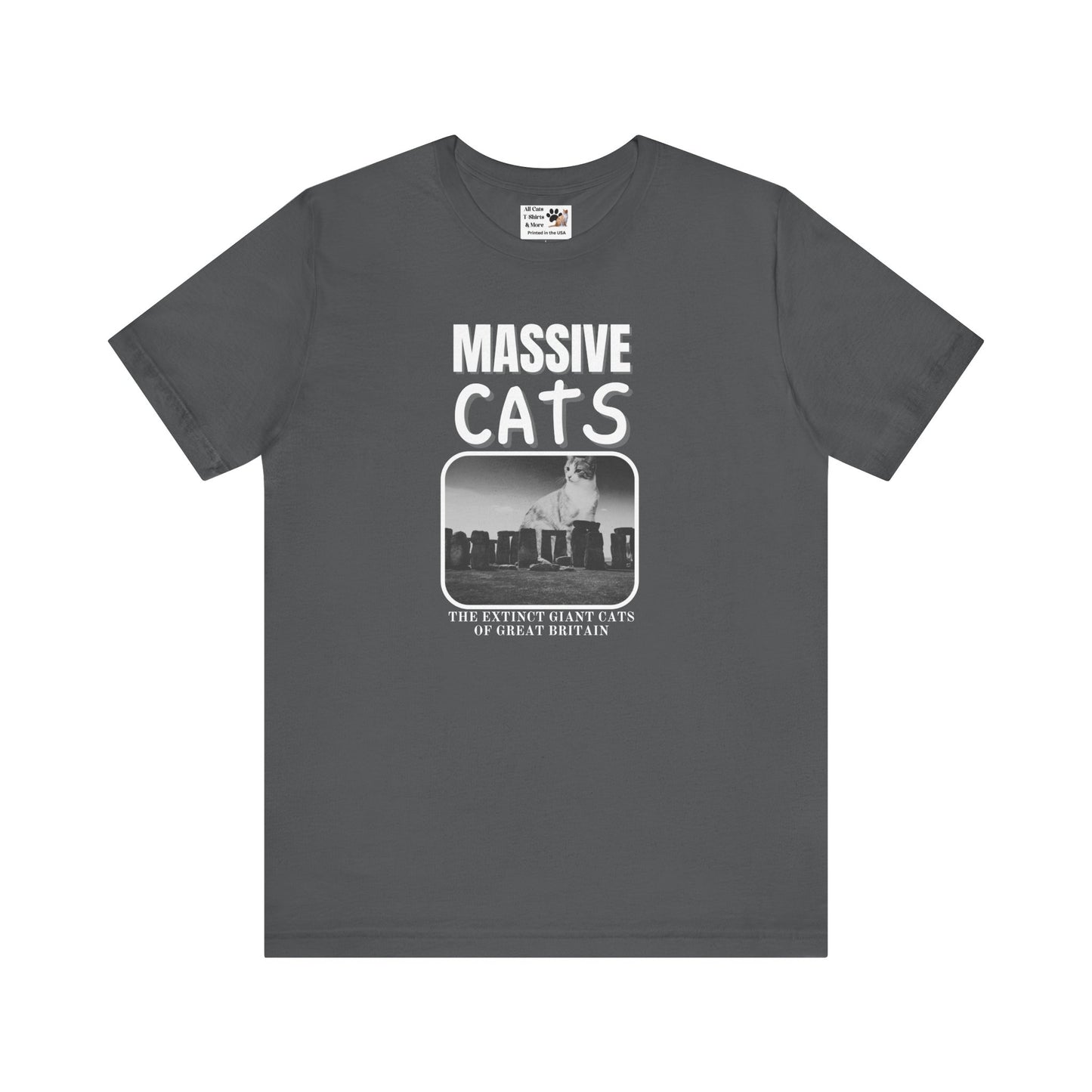 A Massive Cats T-Shirt - Huge Cat Sitting Behind Stone Henge - (Vintage Inspired, Funny Cat Unisex Jersey Tee - Perfect for Cat Fans!)