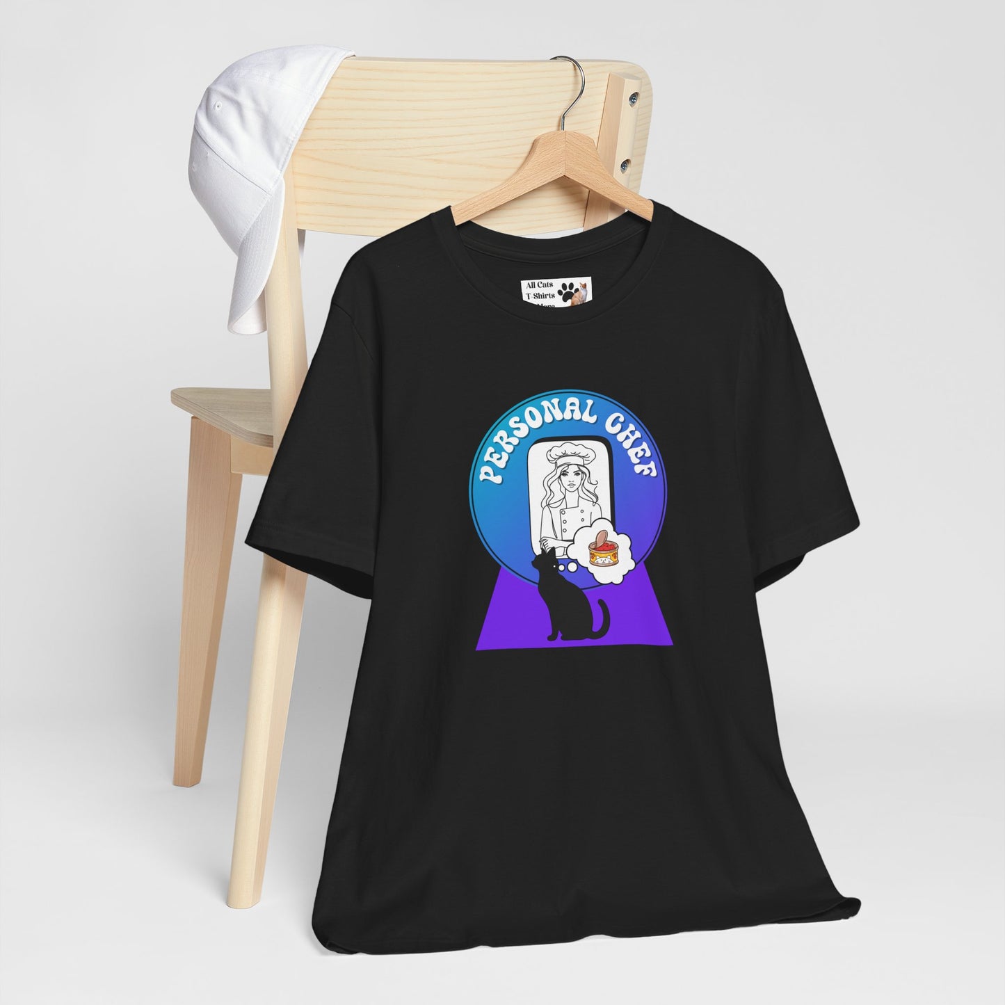 Personal Chef for Cats T-Shirt - (#11 - Black Cat Silhouette & Chef Blue Purple Design - Unisex Jersey Tee – Perfect for Cat Care Givers!)