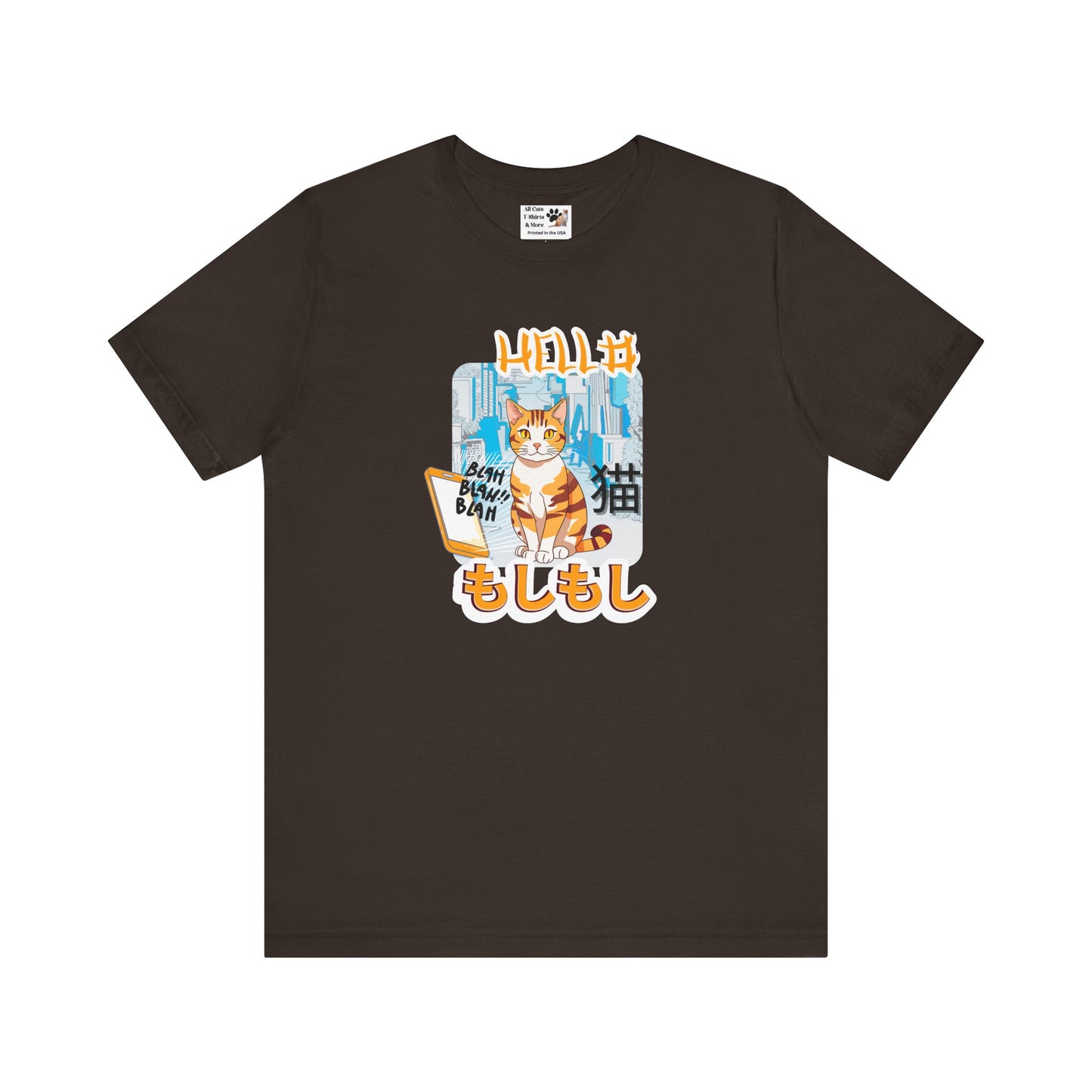 "Hello Mobile Phone Cat" - An Anime Style Graphic Tee - (Unisex Jersey Short Sleeve Tee for Cat Lovers)