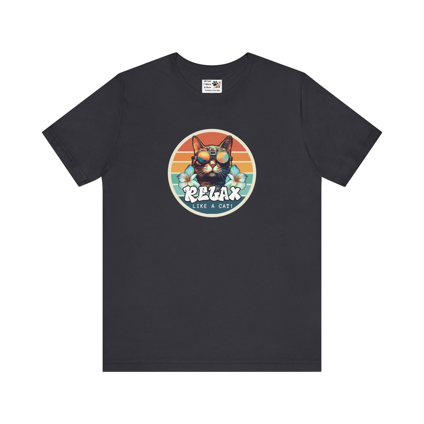 Relax Like a Cat T-Shirt - (Vintage Sunset Style Graphic, Chill Cat Graphic Tee, Unisex Casual Wear, Gift for Cat Lovers)