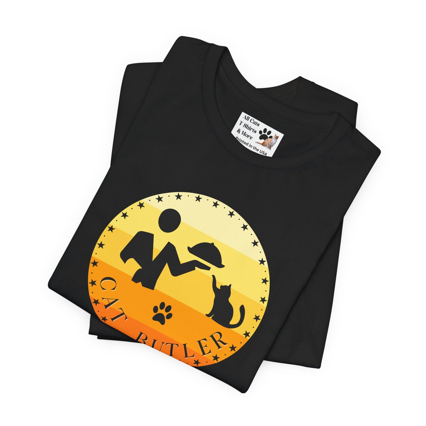 "Cat Butler" T-Shirt - With Vintage Sunset Graphic - (Unisex Jersey Short Sleeve Tee - Perfect Gift for Cat Lovers!)