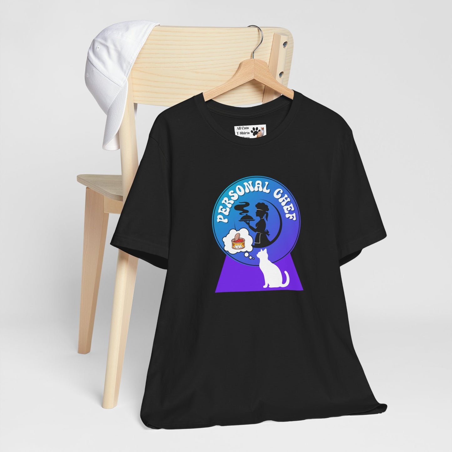Personal Chef for Cats T-Shirt - (#10 - White Cat & Chef Silhouettes Blue Purple Design - Unisex Jersey Tee – Perfect for Cat Care Givers!)