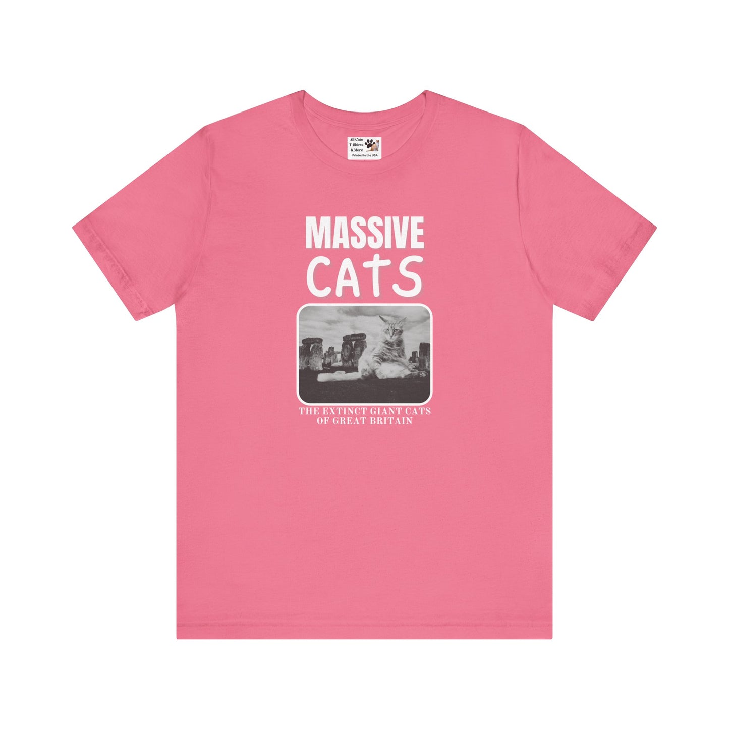 A Massive Cats T-Shirt - Huge Cat Sitting In Front of Stone Henge - (Vintage Inspired, Funny Cat Unisex Jersey Tee - Perfect for Cat Fans!)