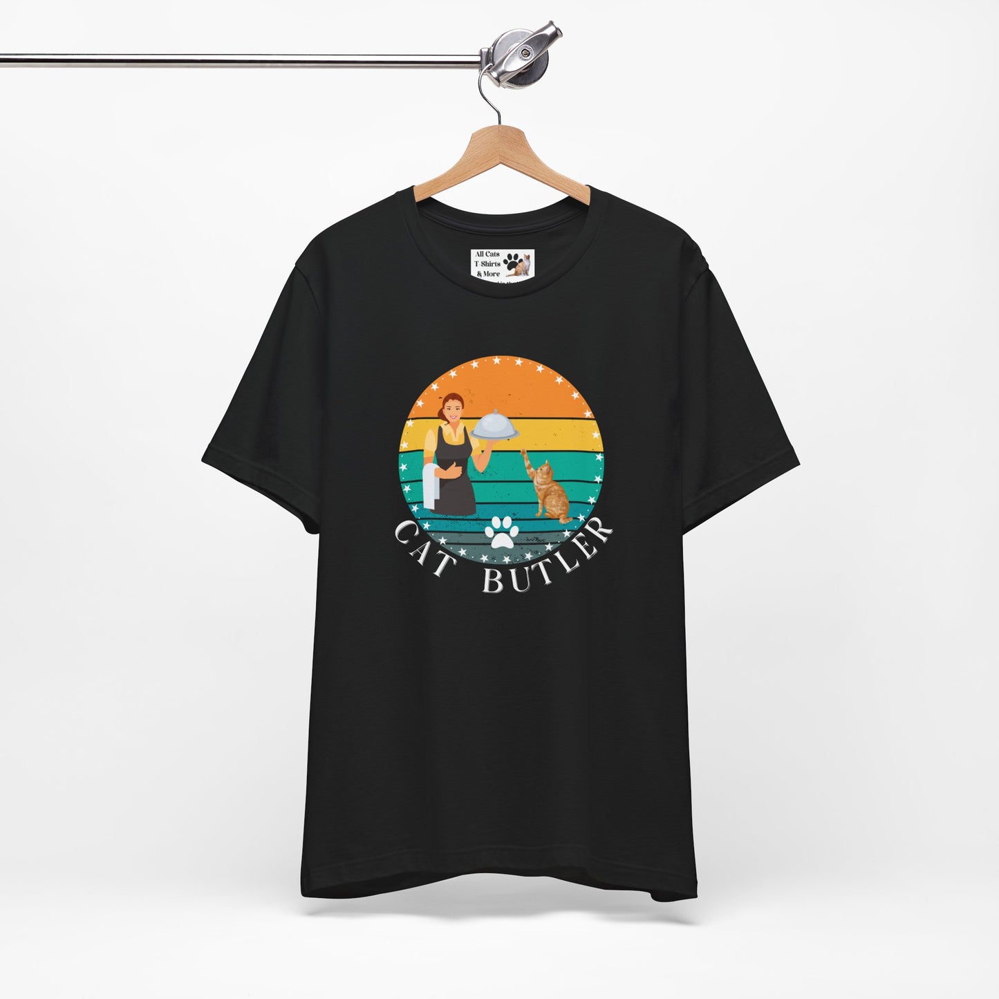 "Cat Butler" T-Shirt - With Vintage Sunset Graphic - (Unisex Jersey Short Sleeve Tee - Perfect Gift for Cat Lovers!)