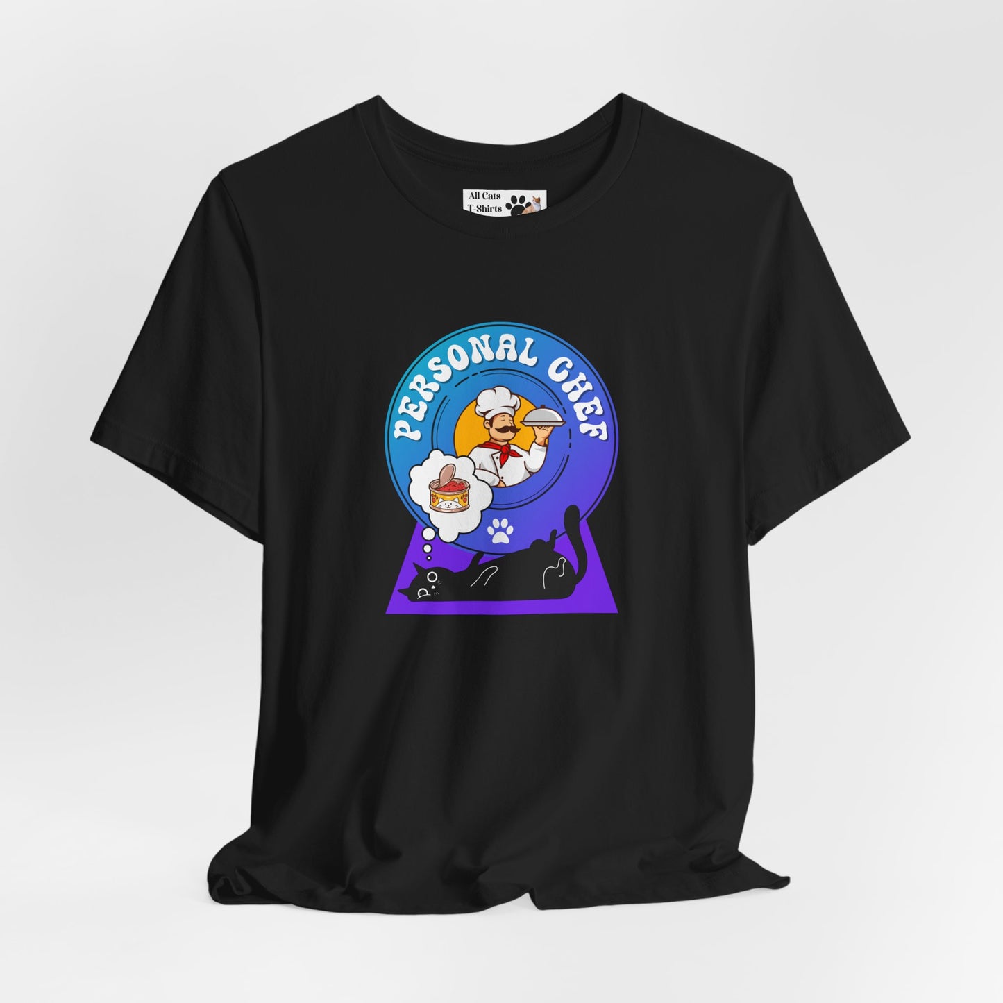 Personal Chef for Cats T-Shirt (#2 - Black Cat & Italian Chef, Blue Purple Design - Unisex Jersey Tee ā Perfect Cat Care Givers!)