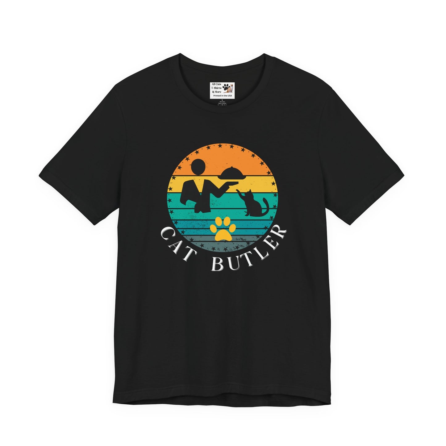 "Cat Butler" T-Shirt - With Vintage Sunset Style Graphic - (Unisex Jersey Short Sleeve Tee - Perfect Gift for Cat Lovers!)