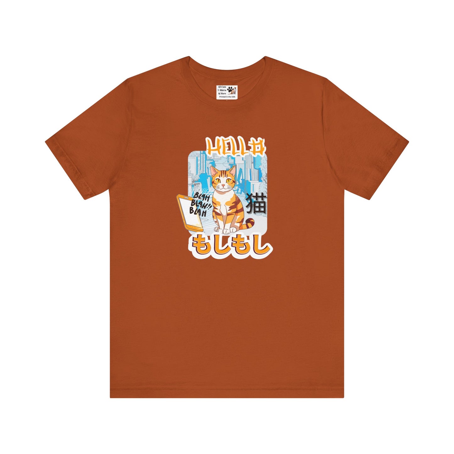 "Hello Mobile Phone Cat" - An Anime Style Graphic Tee - (Unisex Jersey Short Sleeve Tee for Cat Lovers)