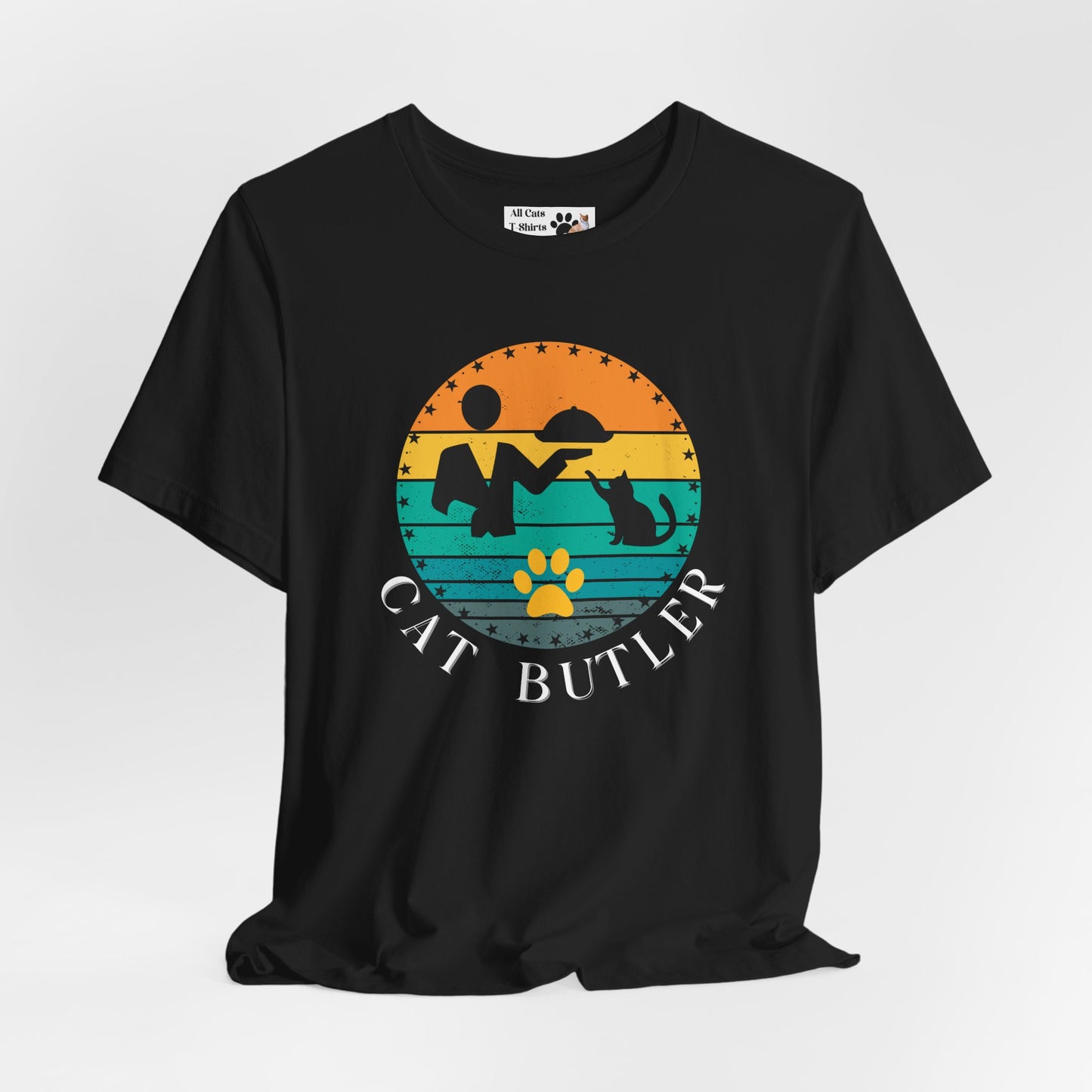 "Cat Butler" T-Shirt - With Vintage Sunset Style Graphic - (Unisex Jersey Short Sleeve Tee - Perfect Gift for Cat Lovers!)