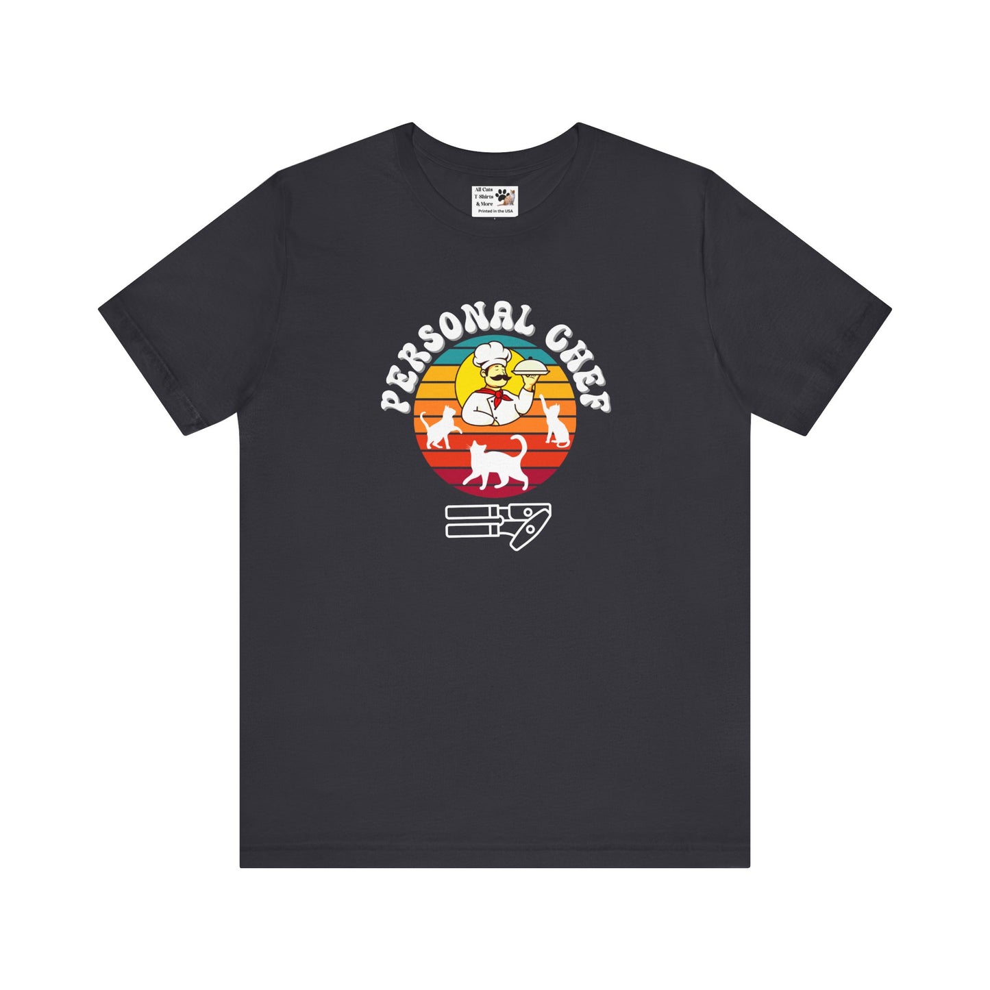 Vintage Sunset Personal Chef for Cats T-Shirt (#16 - Three Cats, Italian Chef & Can Opener - Unisex Jersey Tee – Funny Cat Tee)