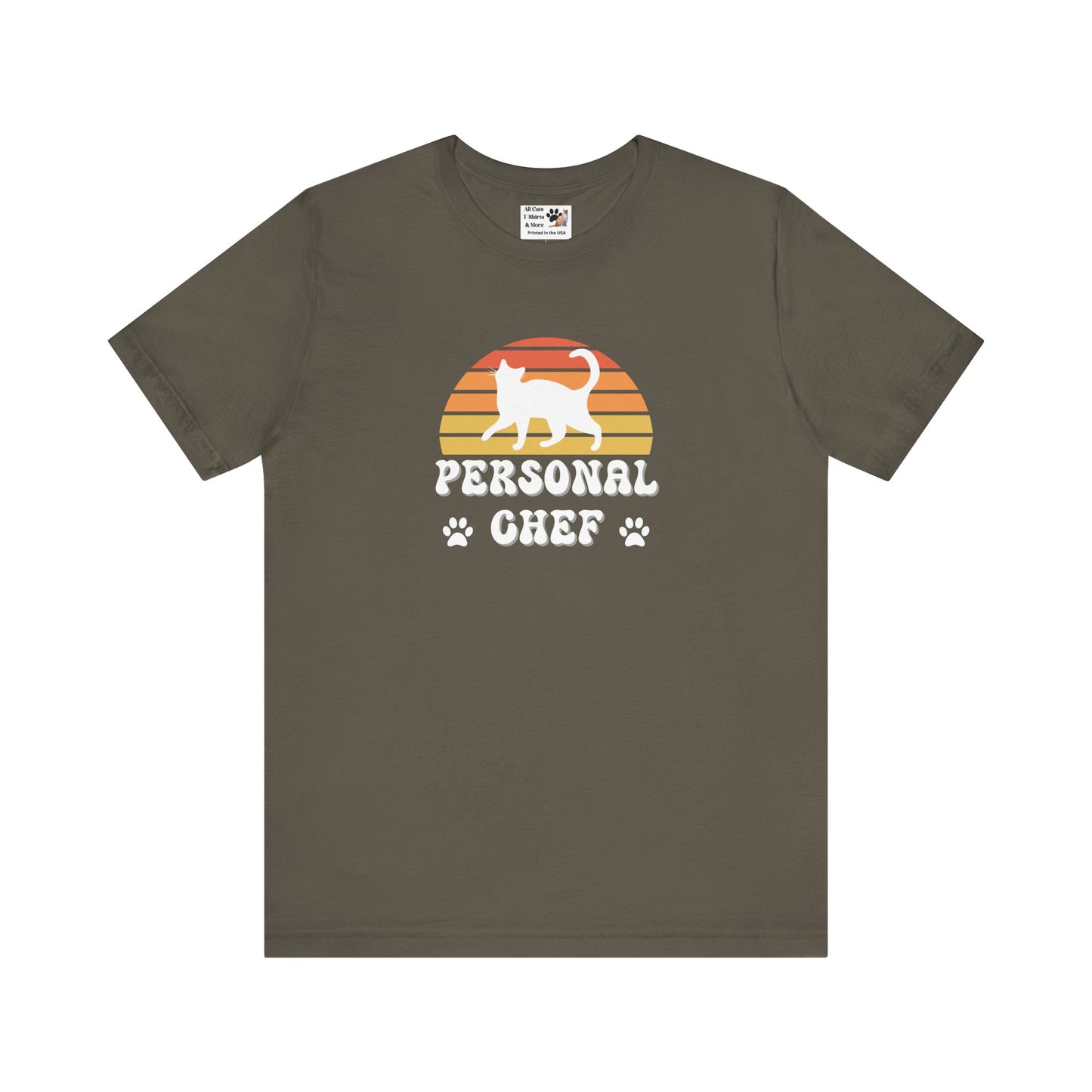Vintage Sunset Personal Chef for Cats T-Shirt (#18 - White Cat Silhouette & Paw Prints - Unisex Jersey Tee – Funny Cat Tee)