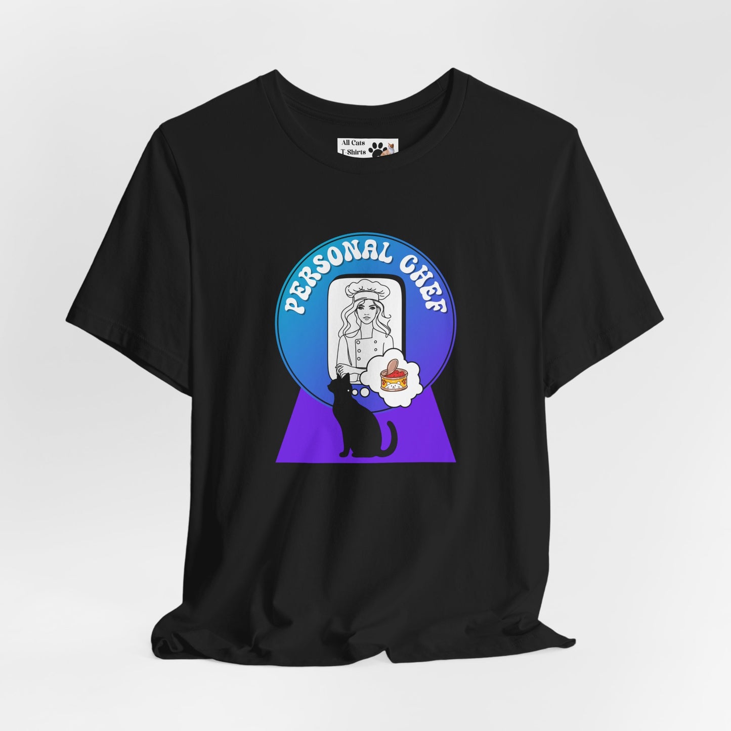 Personal Chef for Cats T-Shirt - (#11 - Black Cat Silhouette & Chef Blue Purple Design - Unisex Jersey Tee – Perfect for Cat Care Givers!)