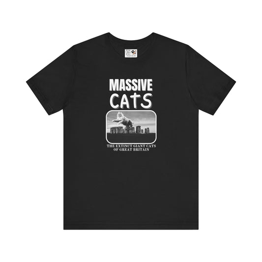 A Massive Cats T-Shirt - Huge Cat Jumping Over Stone Henge - (Funny Cat Unisex Jersey Tee - Perfect for Cat Fans!)