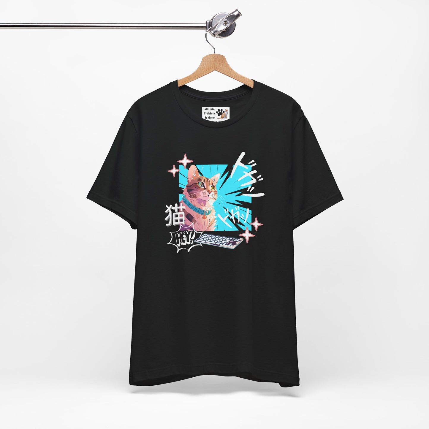 Cat & Keyboard "Kaboom" - Japanese Anime Style Graphic Tee - (Unisex Jersey Short Sleeve Tee for Cat Lovers)