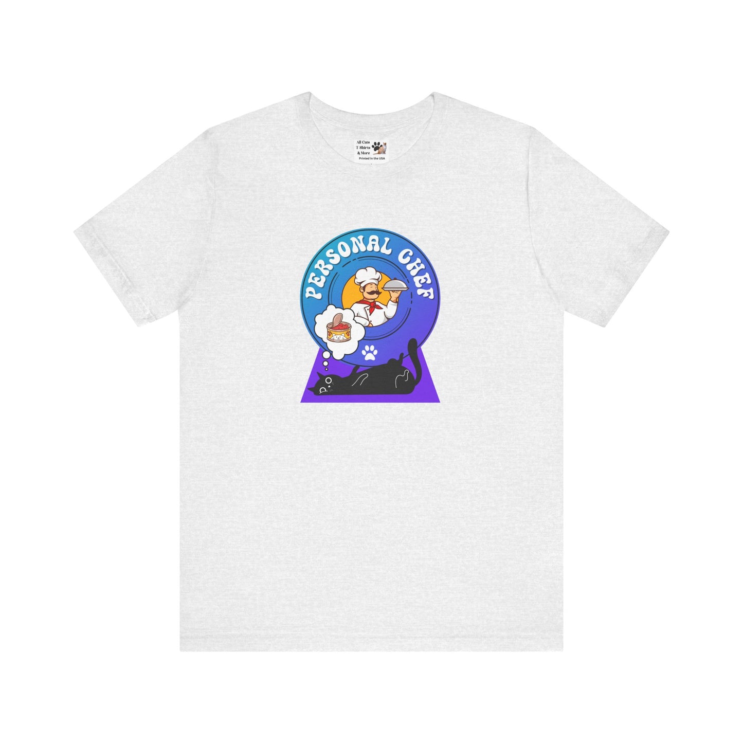 Personal Chef for Cats T-Shirt (#2 - Black Cat & Italian Chef, Blue Purple Design - Unisex Jersey Tee ā Perfect Cat Care Givers!)