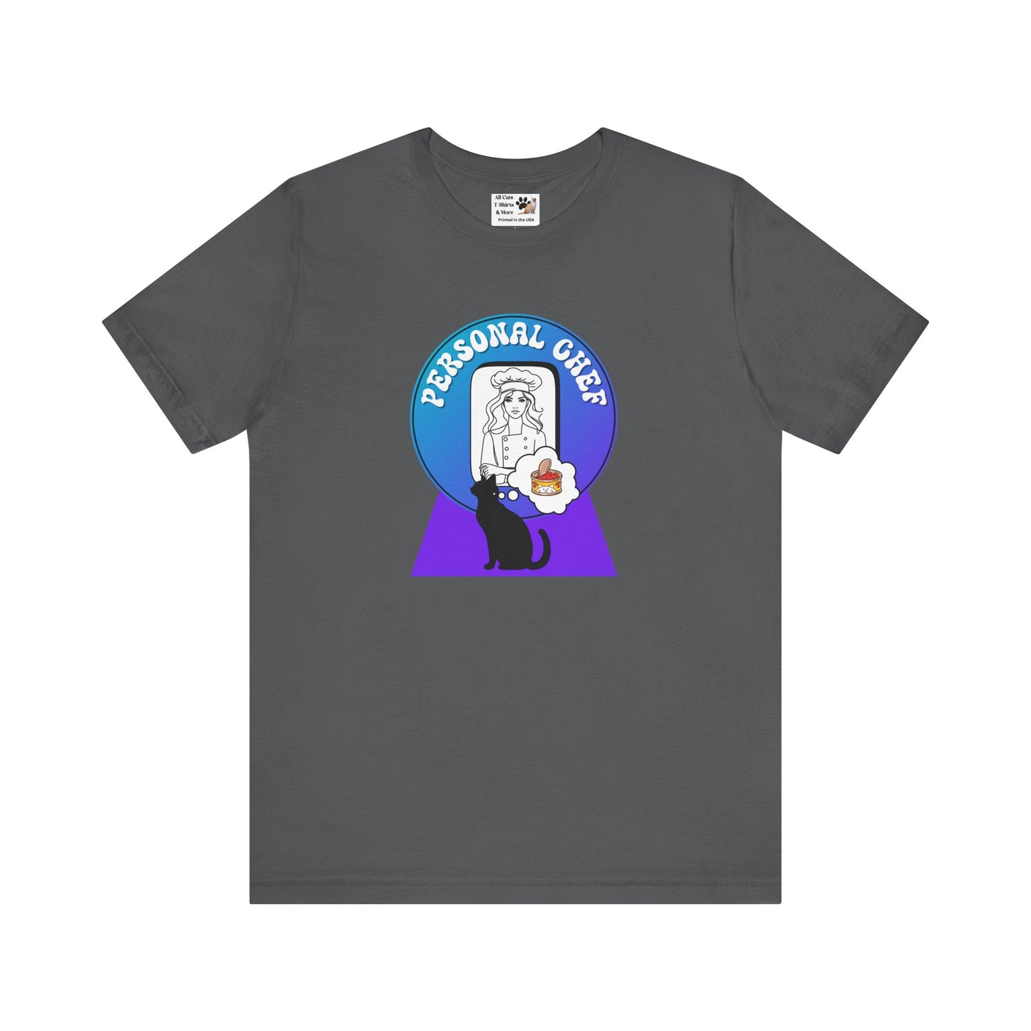 Personal Chef for Cats T-Shirt - (#11 - Black Cat Silhouette & Chef Blue Purple Design - Unisex Jersey Tee – Perfect for Cat Care Givers!)