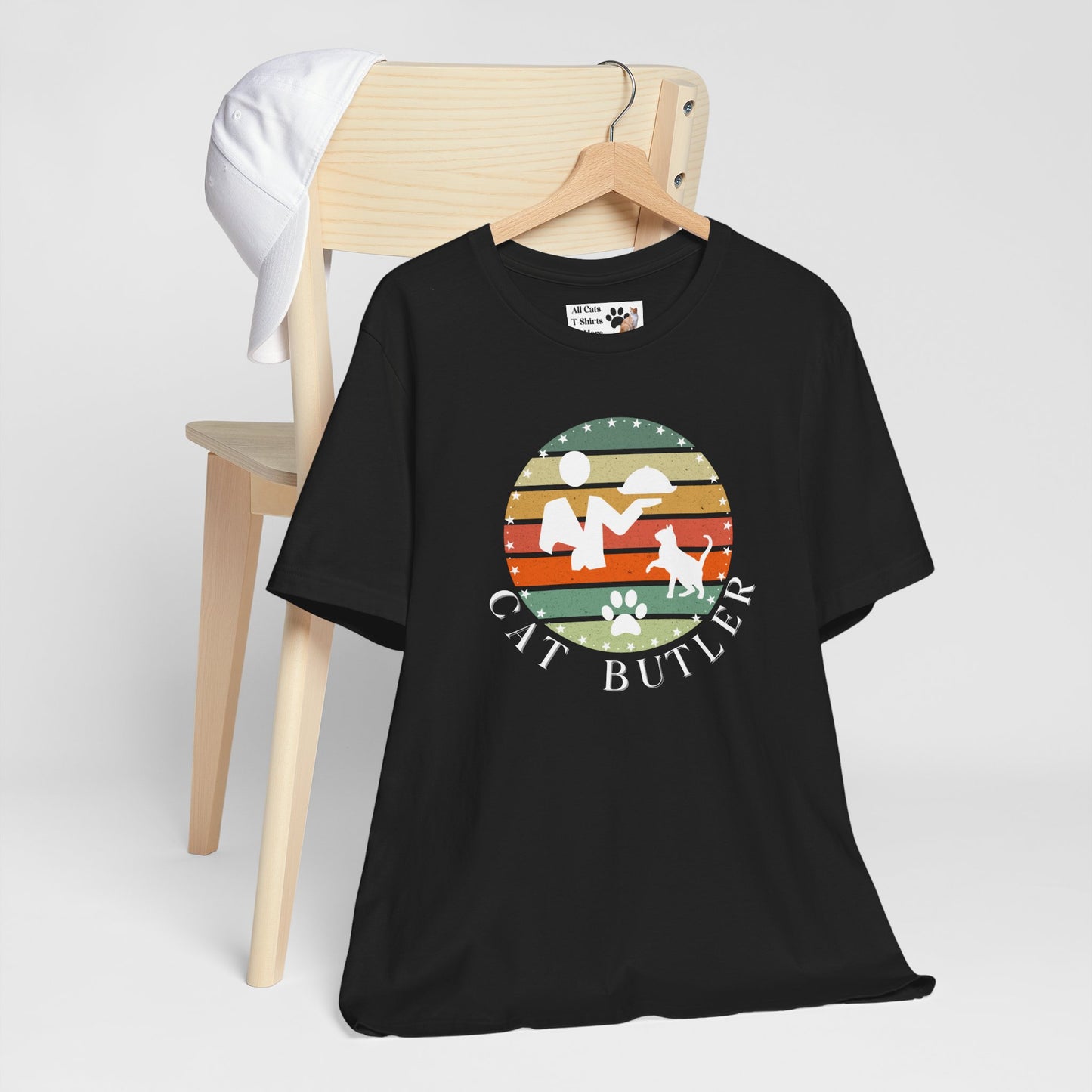 "Cat Butler" T-Shirt - With Vintage Sunset Style Graphic - (Unisex Jersey Short Sleeve Tee - Perfect Gift for Cat Lovers!)